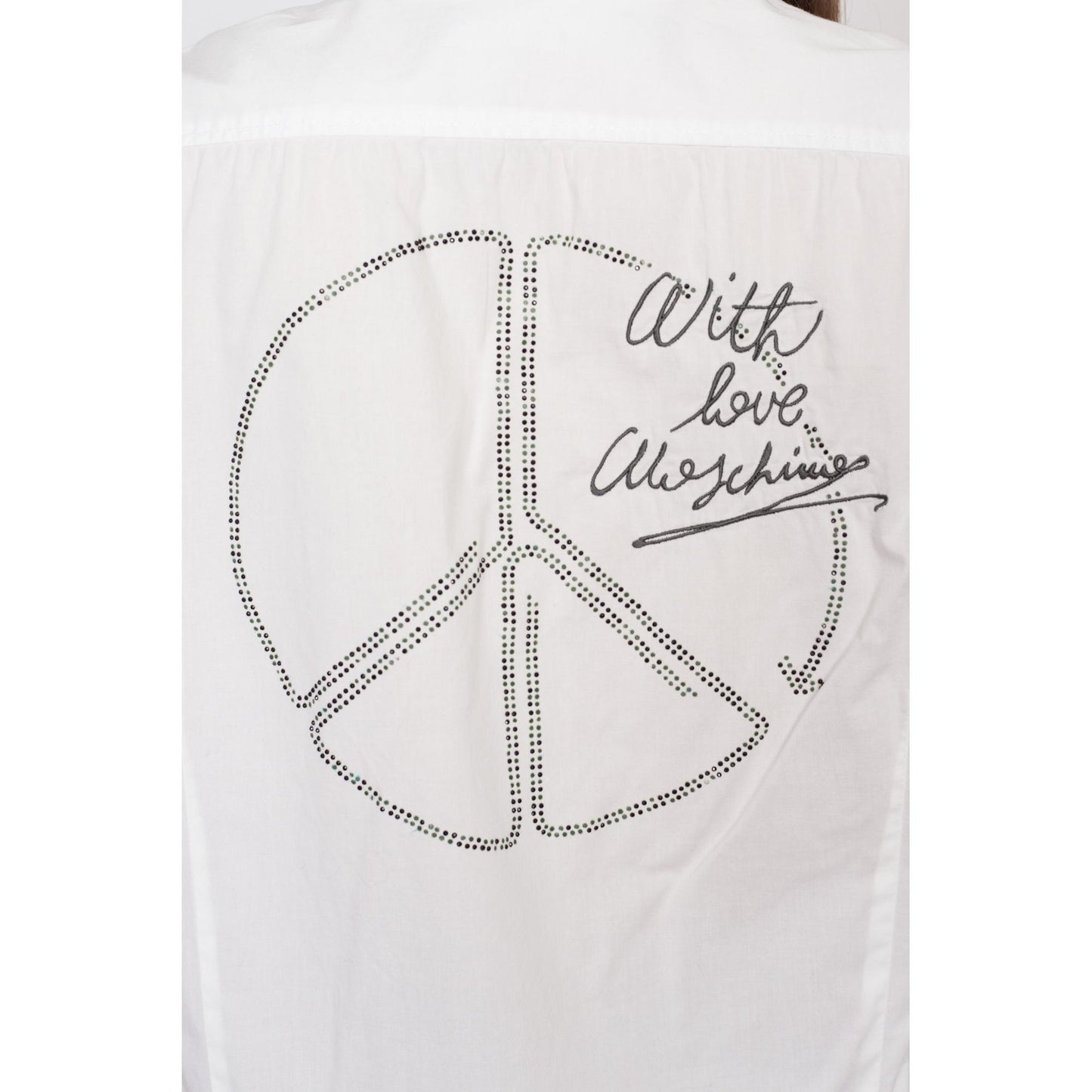 Med-Lrg Love Moschino Peace Sign Men's Collared Shirt | Y2K White Button Up Long Sleeve Designer Top