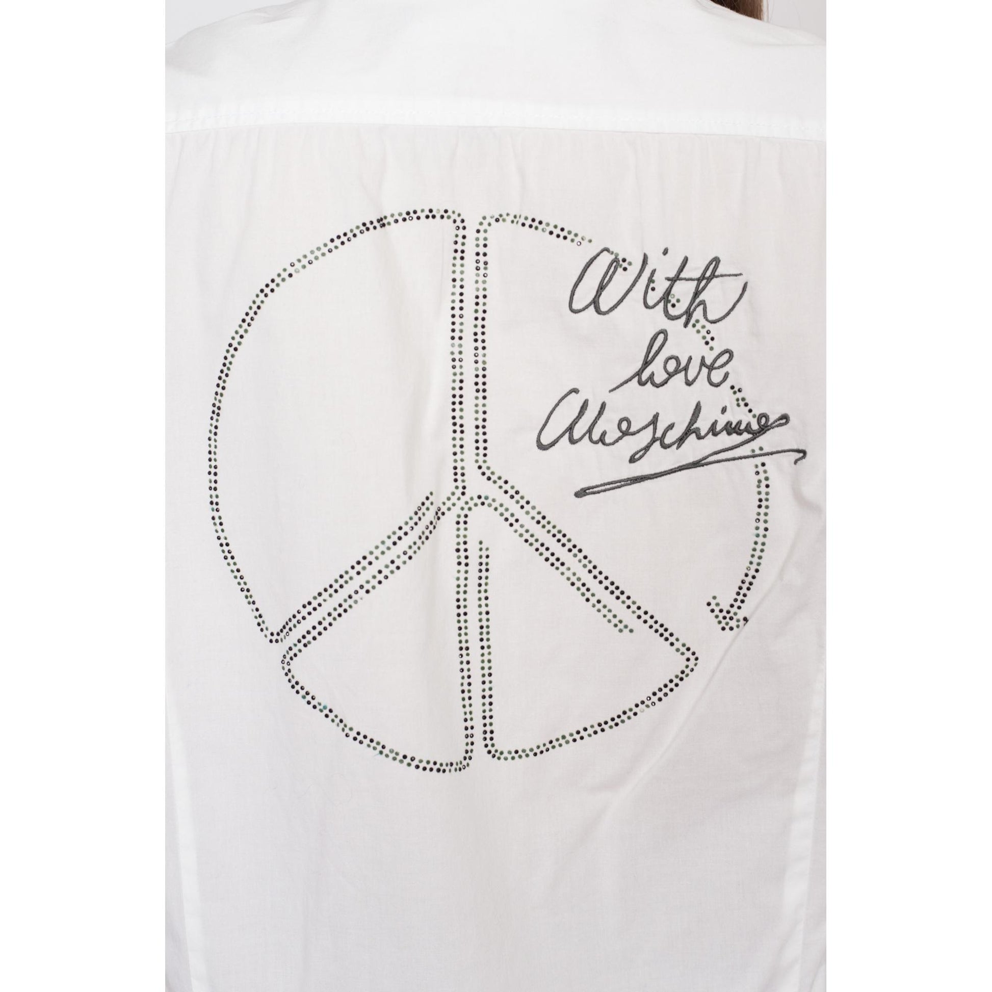 Med-Lrg Love Moschino Peace Sign Men's Collared Shirt | Y2K White Button Up Long Sleeve Designer Top