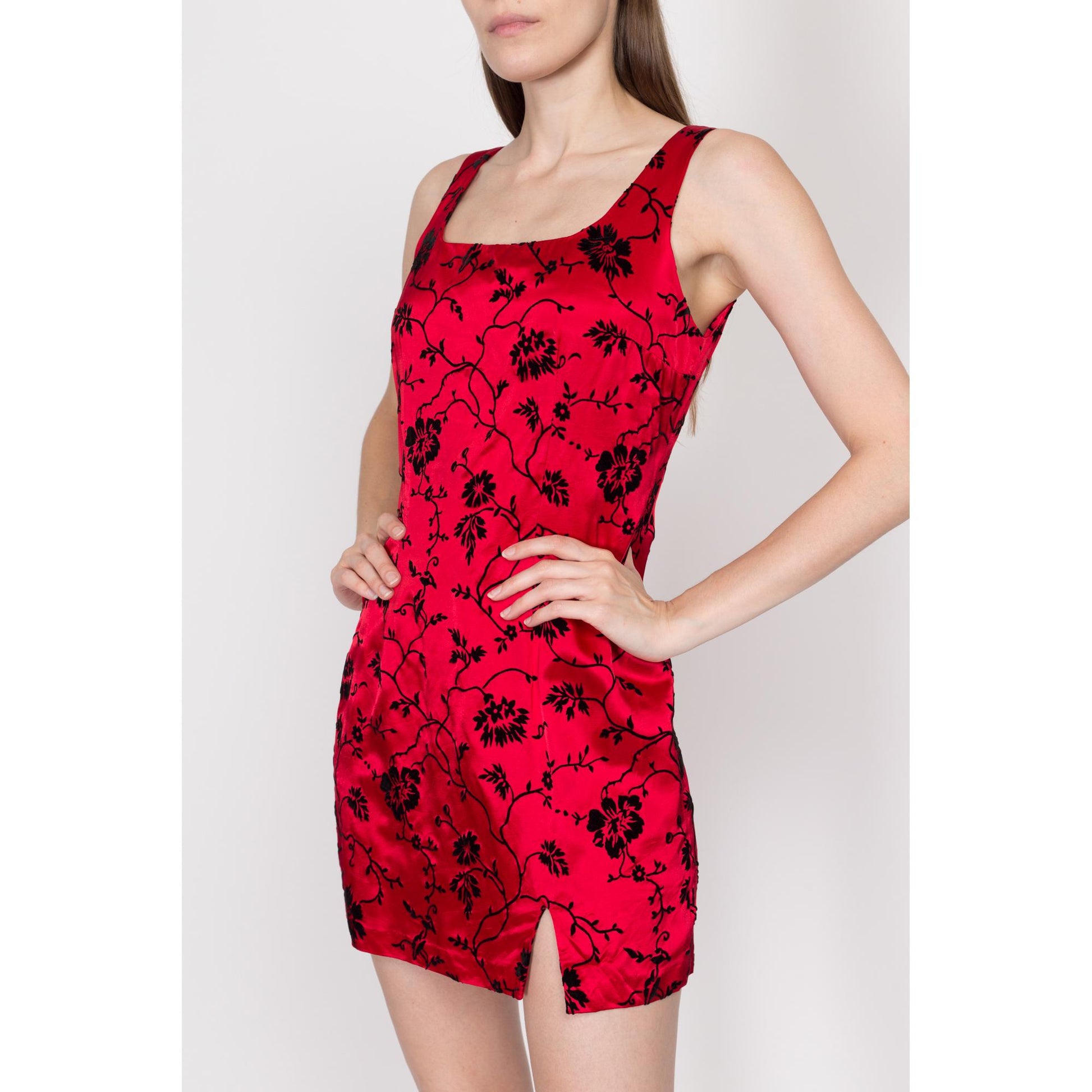 Small 90s Red & Black Floral Mini Party Dress Flying Apple Vintage Small 90s Red & Black Floral Mini Party Dress Flying Apple Vintage