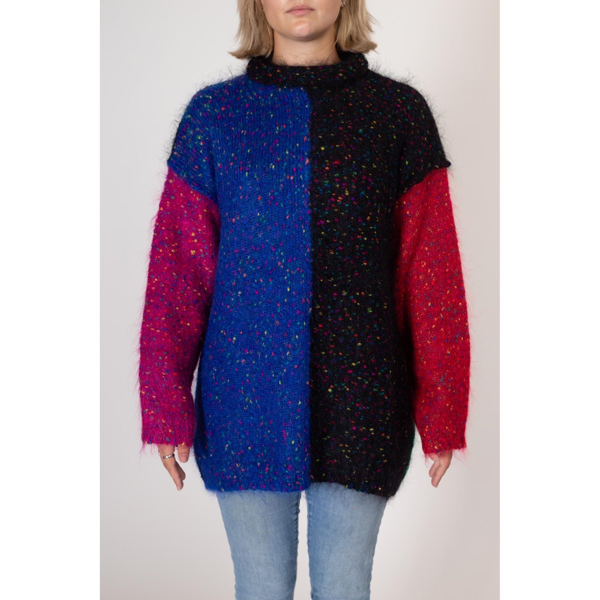 Large 90s Mohair Color Block Sweater | Vintage Fuzzy Knit Flecked Long Oversize Sweater