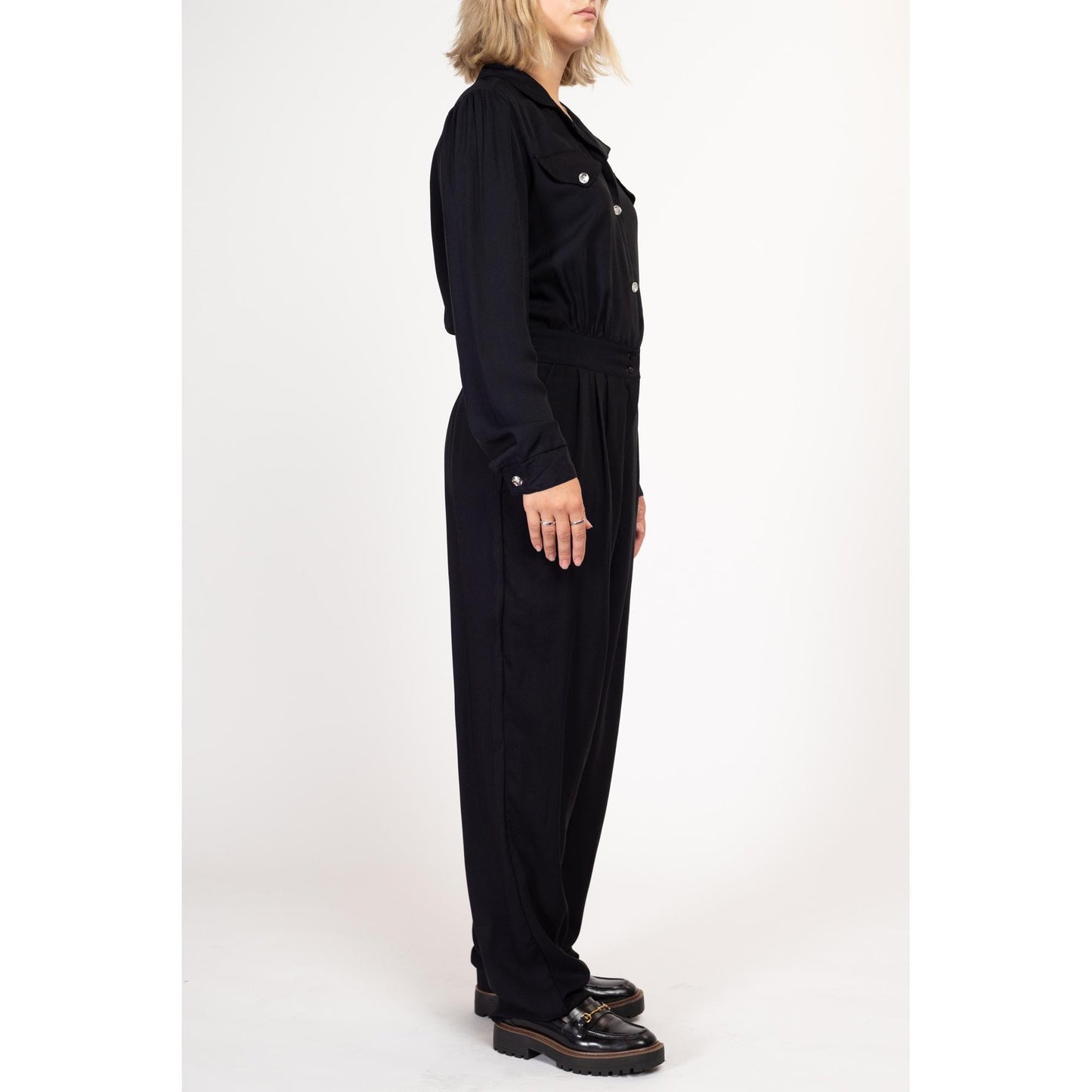 Large Tall 80s Black Jeweled Button Up Jumpsuit | Vintage Button Up Long Sleeve Collared Pantsuit