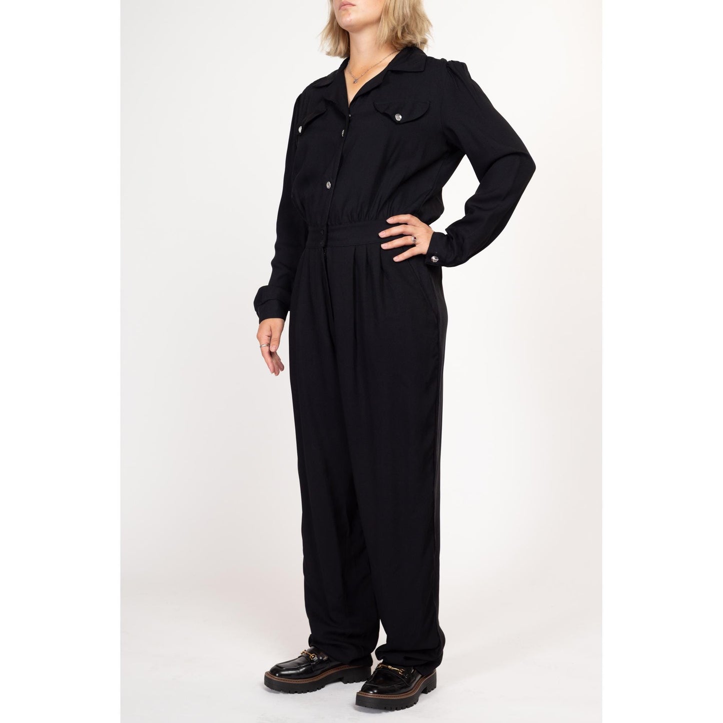 Large Tall 80s Black Jeweled Button Up Jumpsuit | Vintage Button Up Long Sleeve Collared Pantsuit