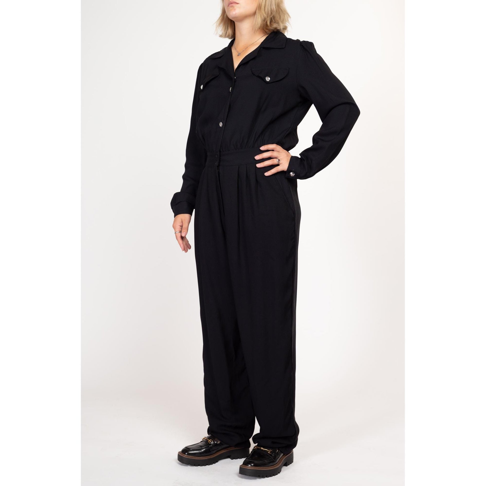 Large Tall 80s Black Jeweled Button Up Jumpsuit | Vintage Button Up Long Sleeve Collared Pantsuit