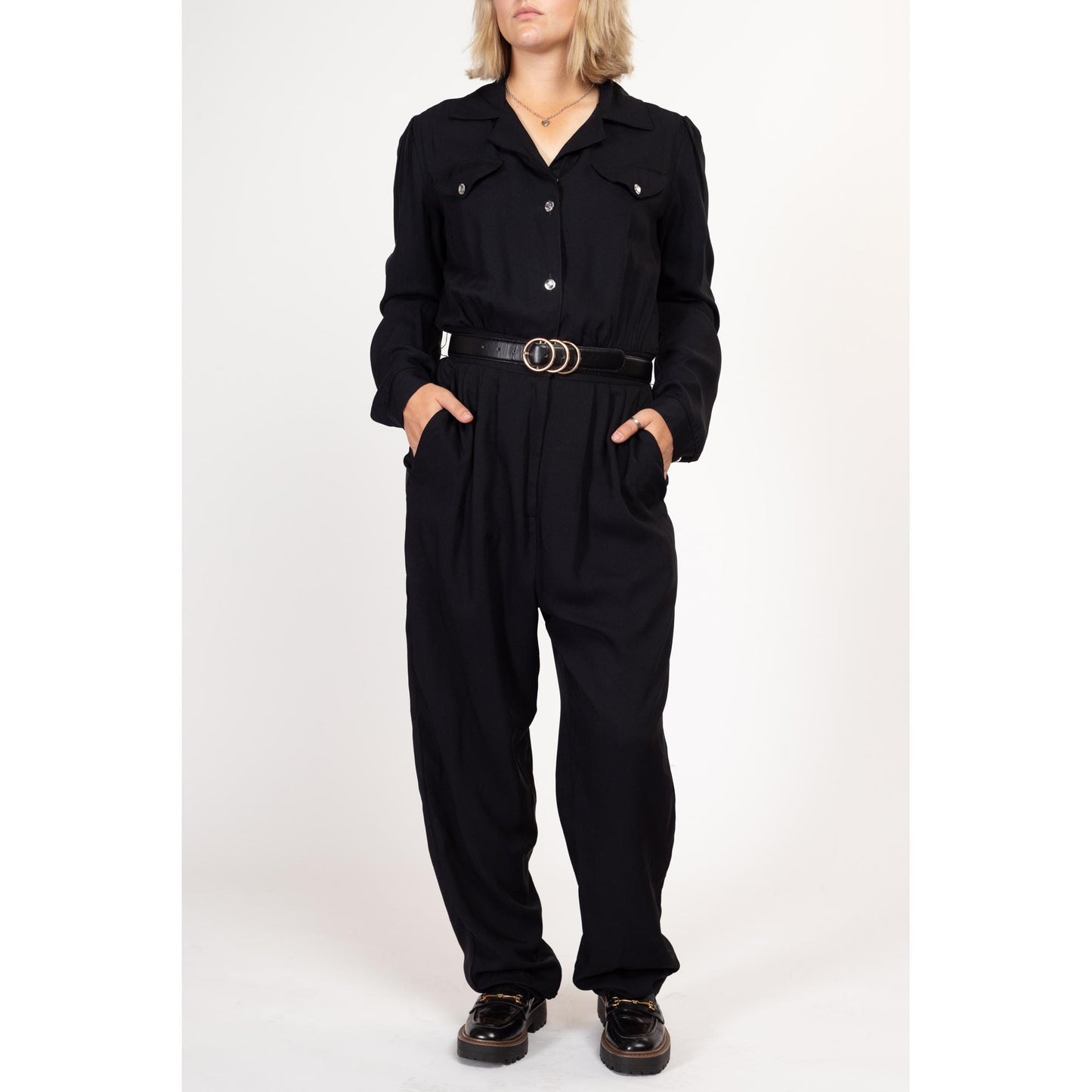 Large Tall 80s Black Jeweled Button Up Jumpsuit | Vintage Button Up Long Sleeve Collared Pantsuit