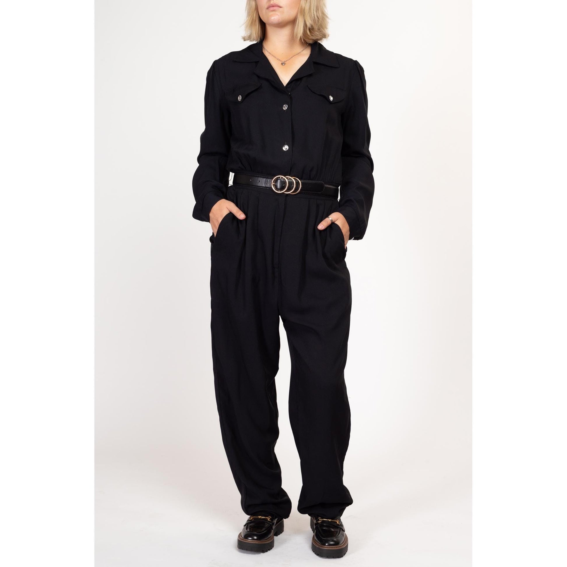Large Tall 80s Black Jeweled Button Up Jumpsuit | Vintage Button Up Long Sleeve Collared Pantsuit