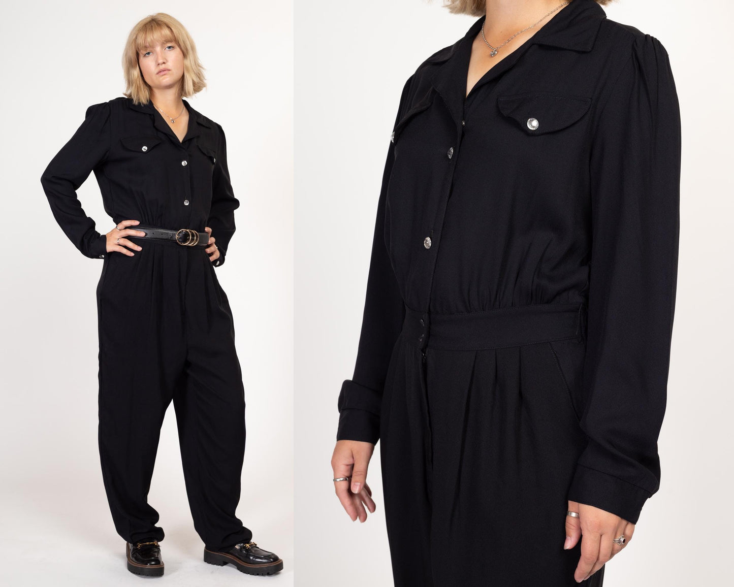 Large Tall 80s Black Jeweled Button Up Jumpsuit | Vintage Button Up Long Sleeve Collared Pantsuit