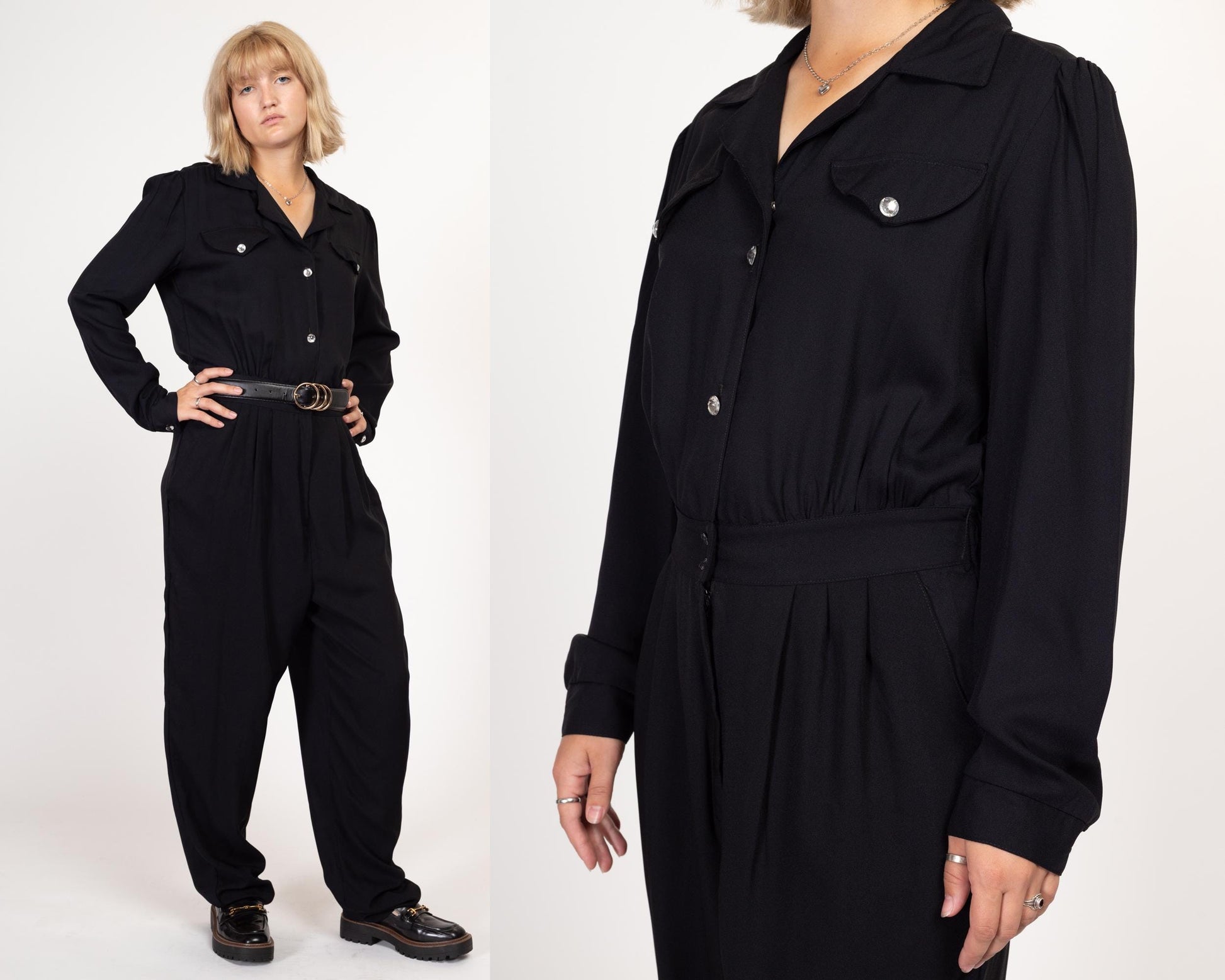 Large Tall 80s Black Jeweled Button Up Jumpsuit | Vintage Button Up Long Sleeve Collared Pantsuit