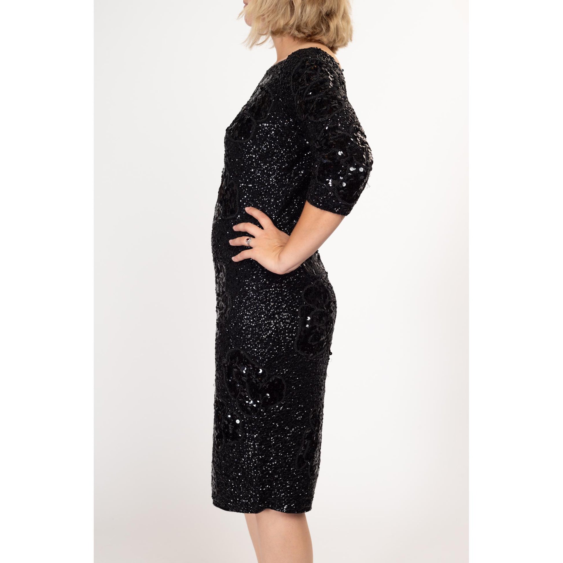 Med-Lrg 50s 60s Gene Shelly Black Sequin Wiggle Dress | Vintage 3/4 Sleeve Beaded Wool Knit Designer Formal Midi Dress