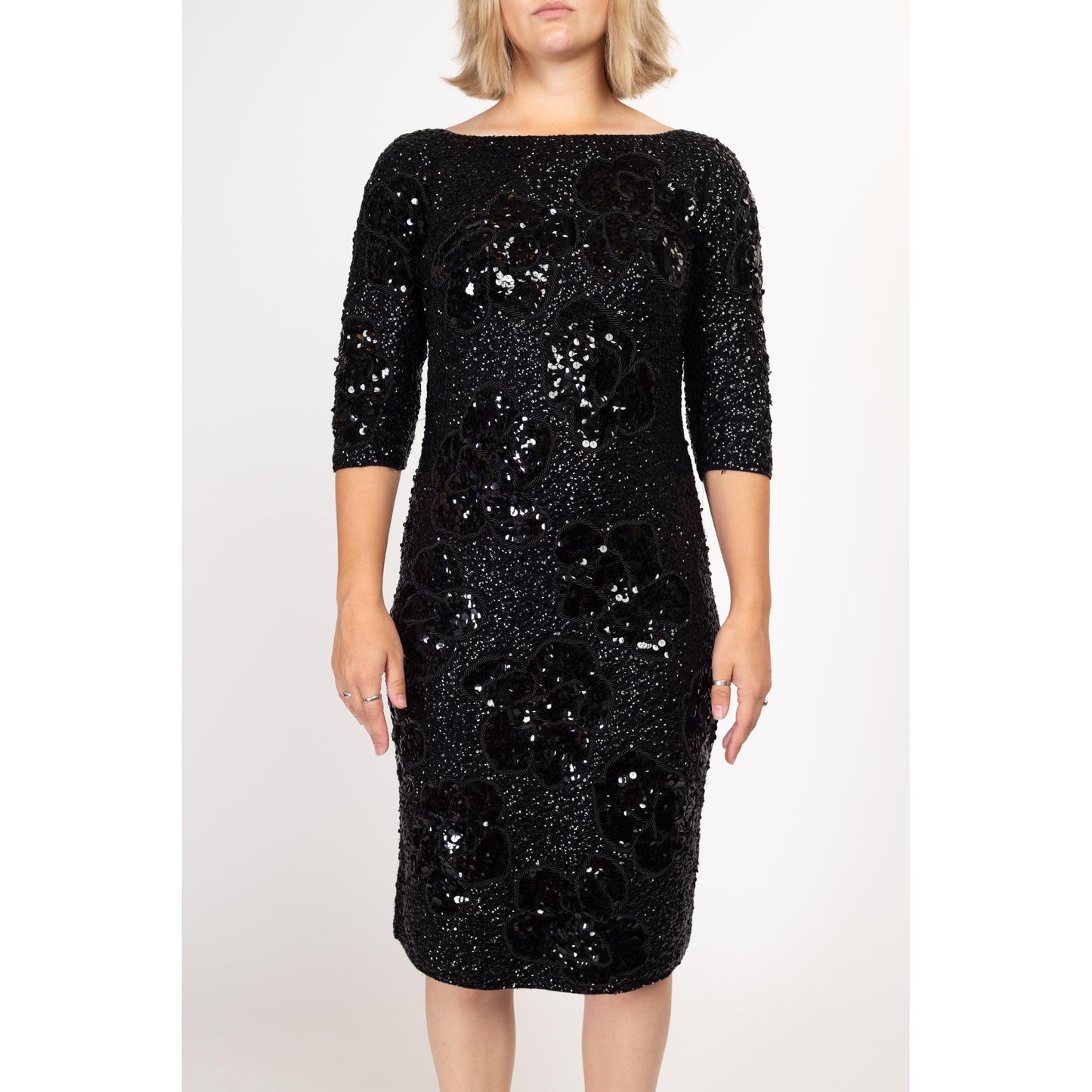 Med-Lrg 50s 60s Gene Shelly Black Sequin Wiggle Dress | Vintage 3/4 Sleeve Beaded Wool Knit Designer Formal Midi Dress
