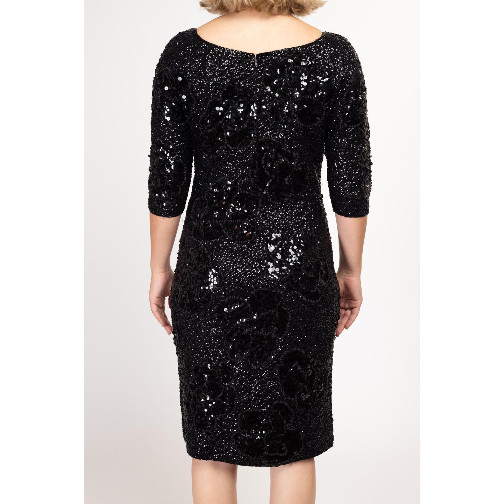 Med-Lrg 50s 60s Gene Shelly Black Sequin Wiggle Dress | Vintage 3/4 Sleeve Beaded Wool Knit Designer Formal Midi Dress