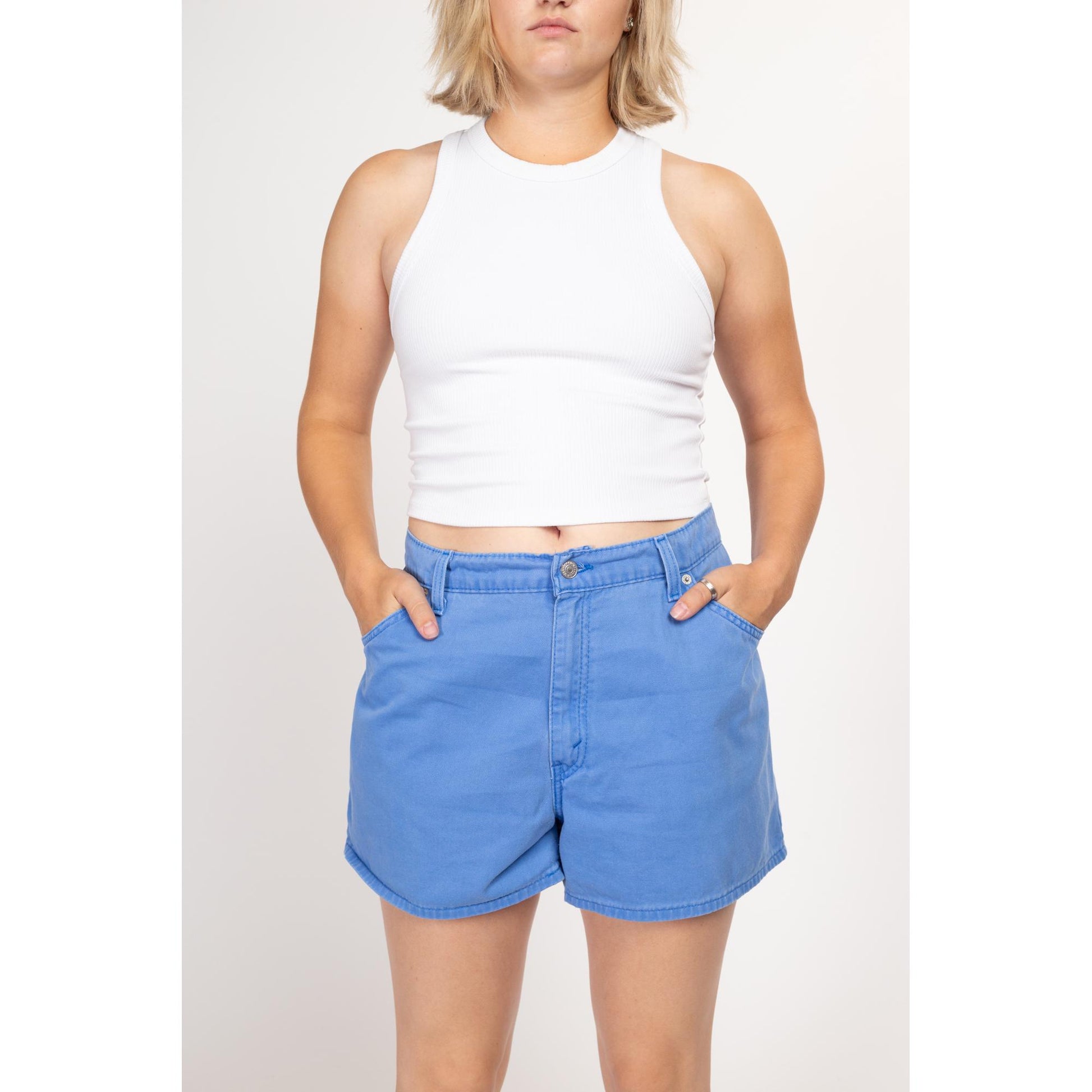 Large 90s Levis Cornflower Blue Loose Fit Shorts 34" | Vintage Levi's Casual Cotton Mid High Waisted Shorts
