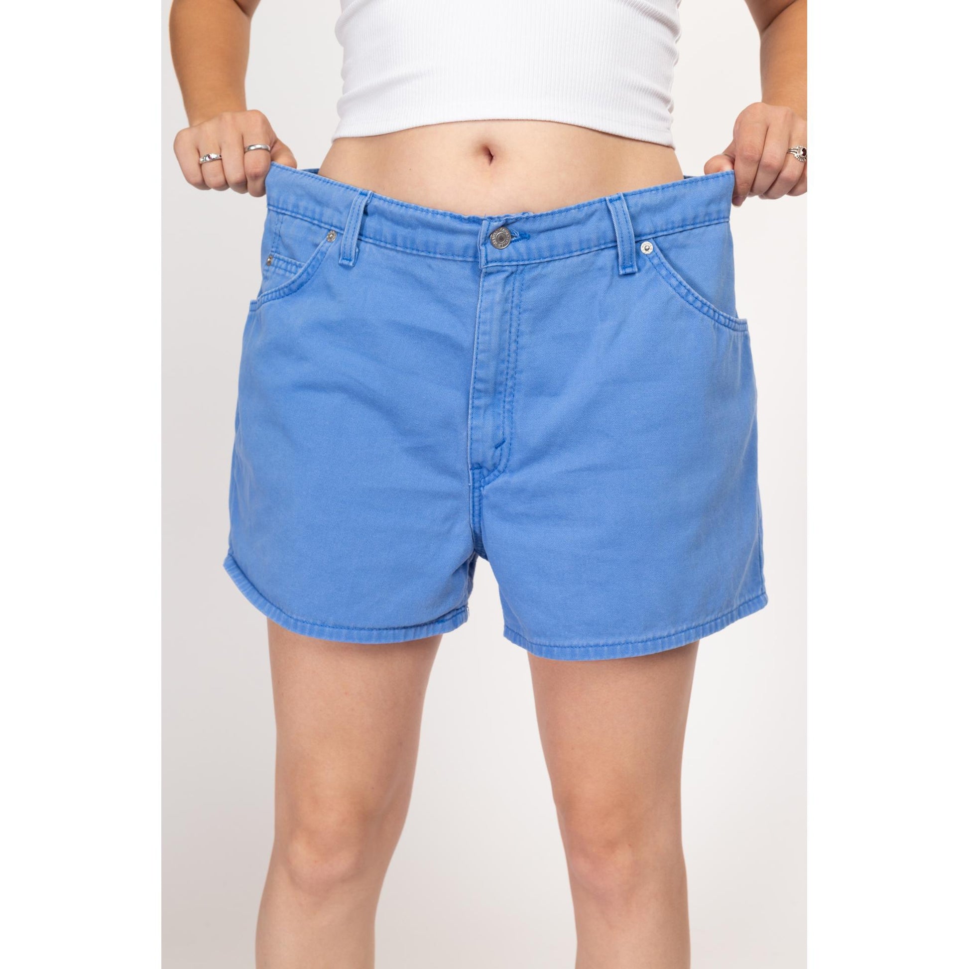 Large 90s Levis Cornflower Blue Loose Fit Shorts 34" | Vintage Levi's Casual Cotton Mid High Waisted Shorts