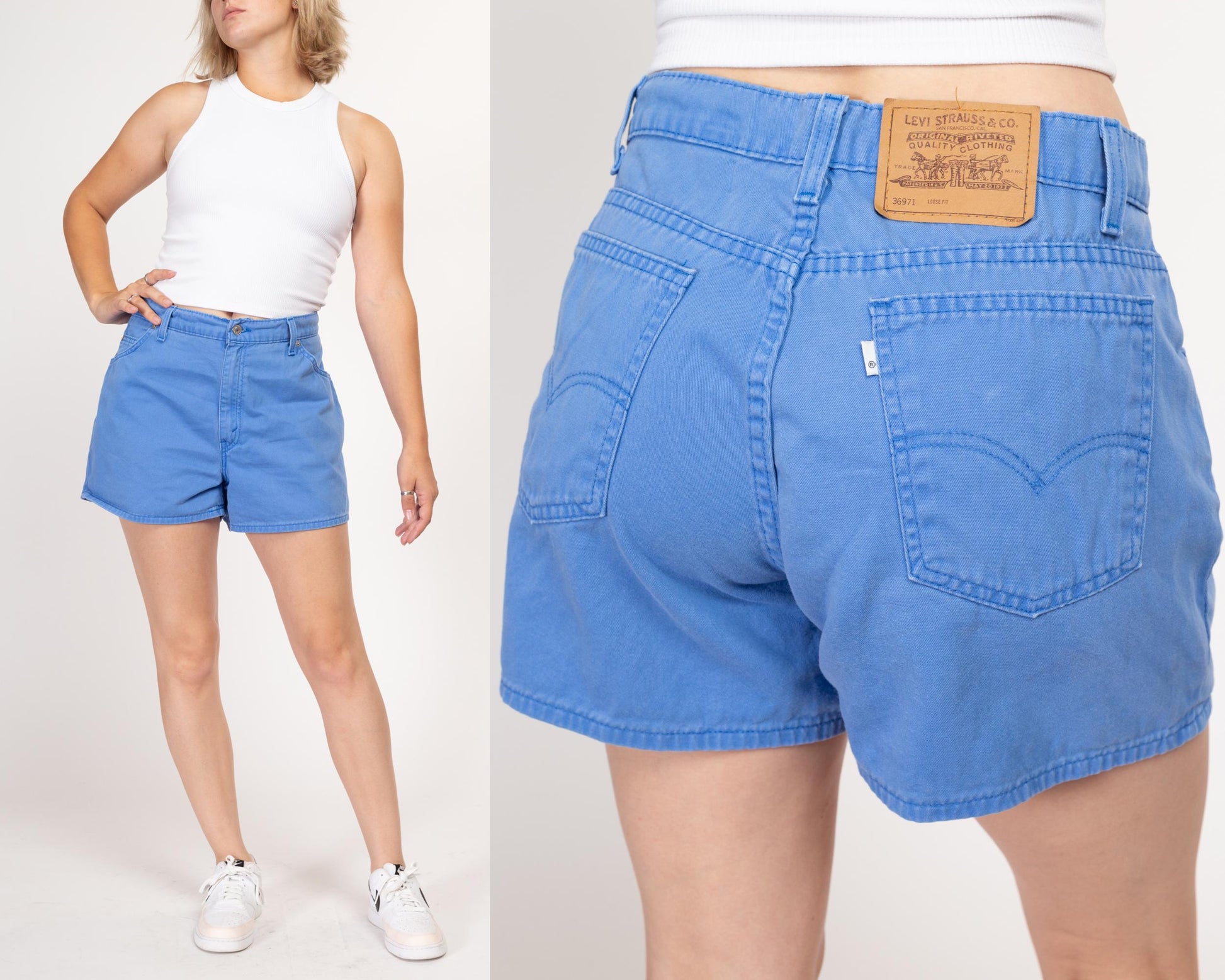 Large 90s Levis Cornflower Blue Loose Fit Shorts 34" | Vintage Levi's Casual Cotton Mid High Waisted Shorts