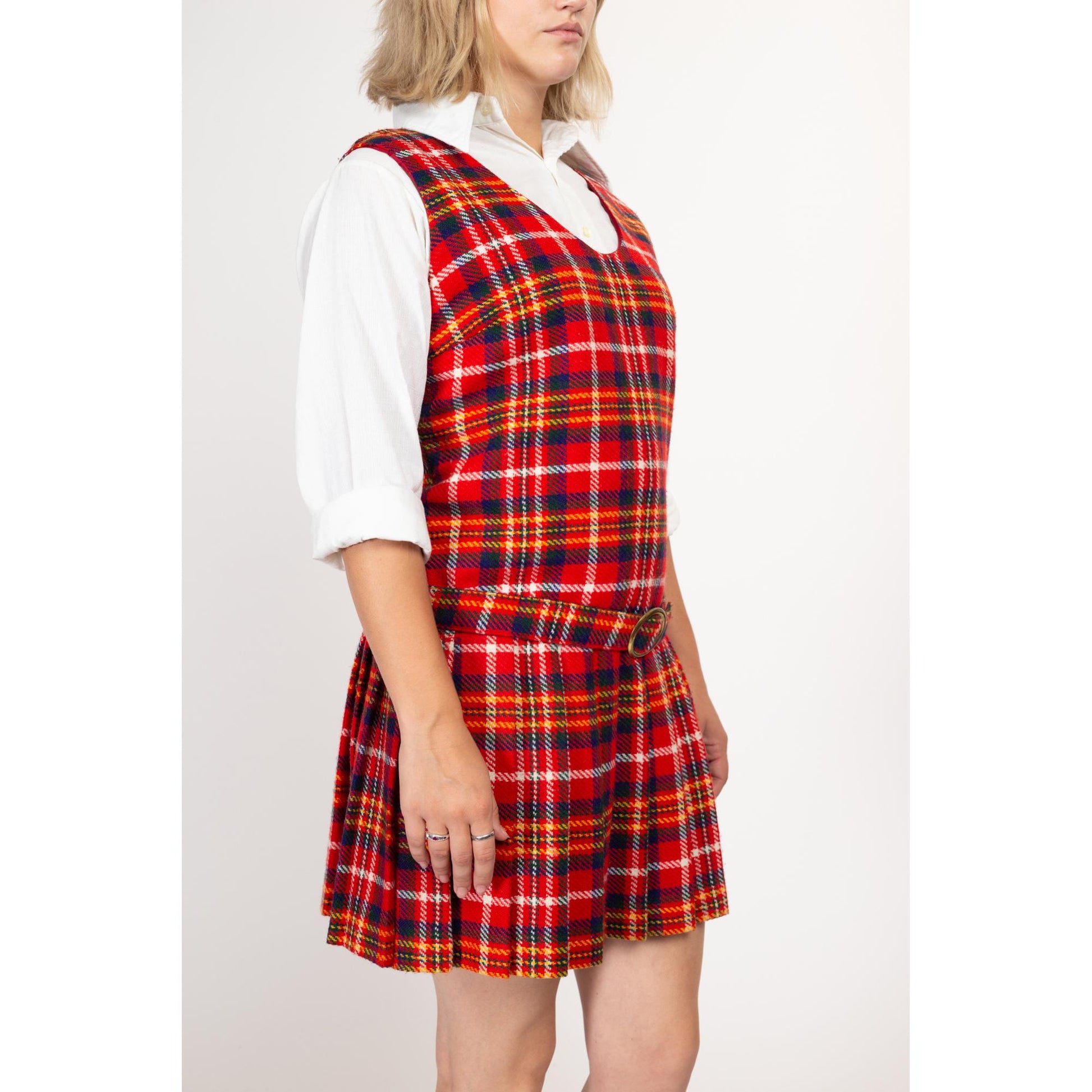Large 60s Red Plaid Drop Waist Schoolgirl Dress | Vintage Belted Sleeveless Wool Pleated Skirt Mini Pinafore