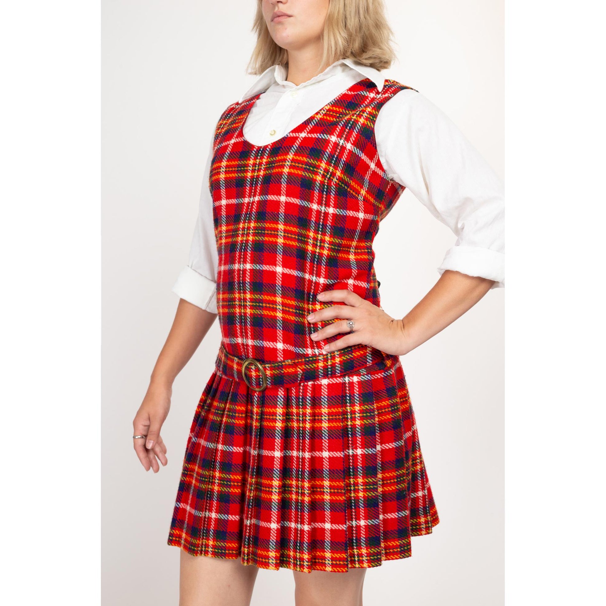 Large 60s Red Plaid Drop Waist Schoolgirl Dress | Vintage Belted Sleeveless Wool Pleated Skirt Mini Pinafore