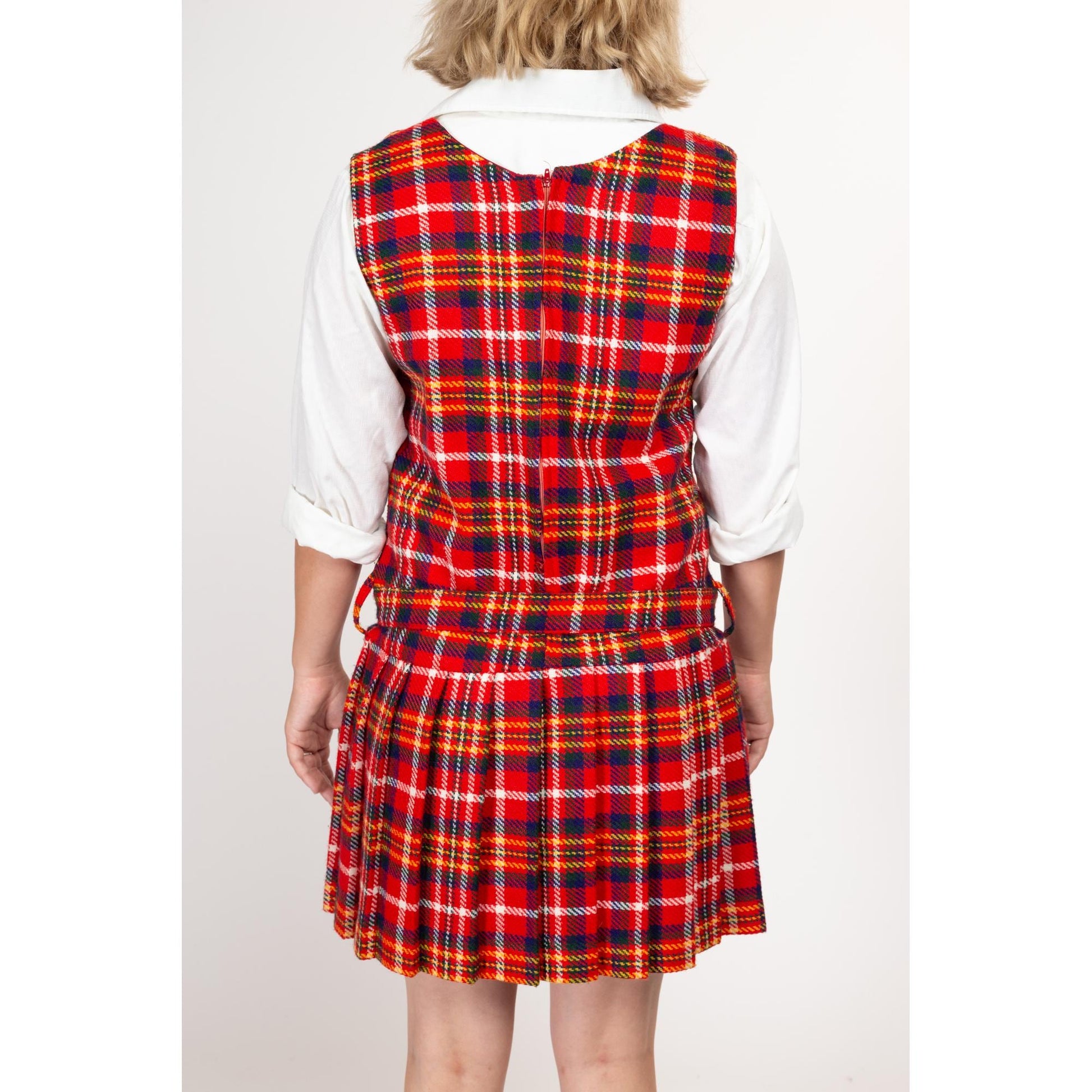 Large 60s Red Plaid Drop Waist Schoolgirl Dress | Vintage Belted Sleeveless Wool Pleated Skirt Mini Pinafore