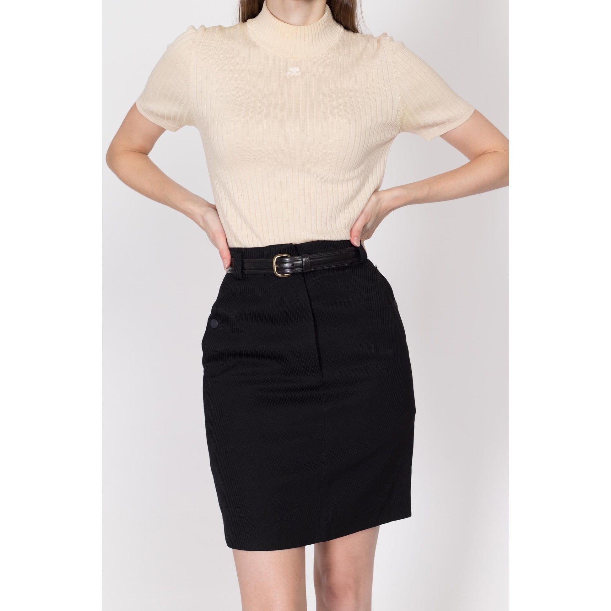 XS 90s Azzedine Alaia Paris Black Mini Pencil Skirt 24.5" | Vintage Designer High Waisted Ribbed Button Pocket Fitted Skirt