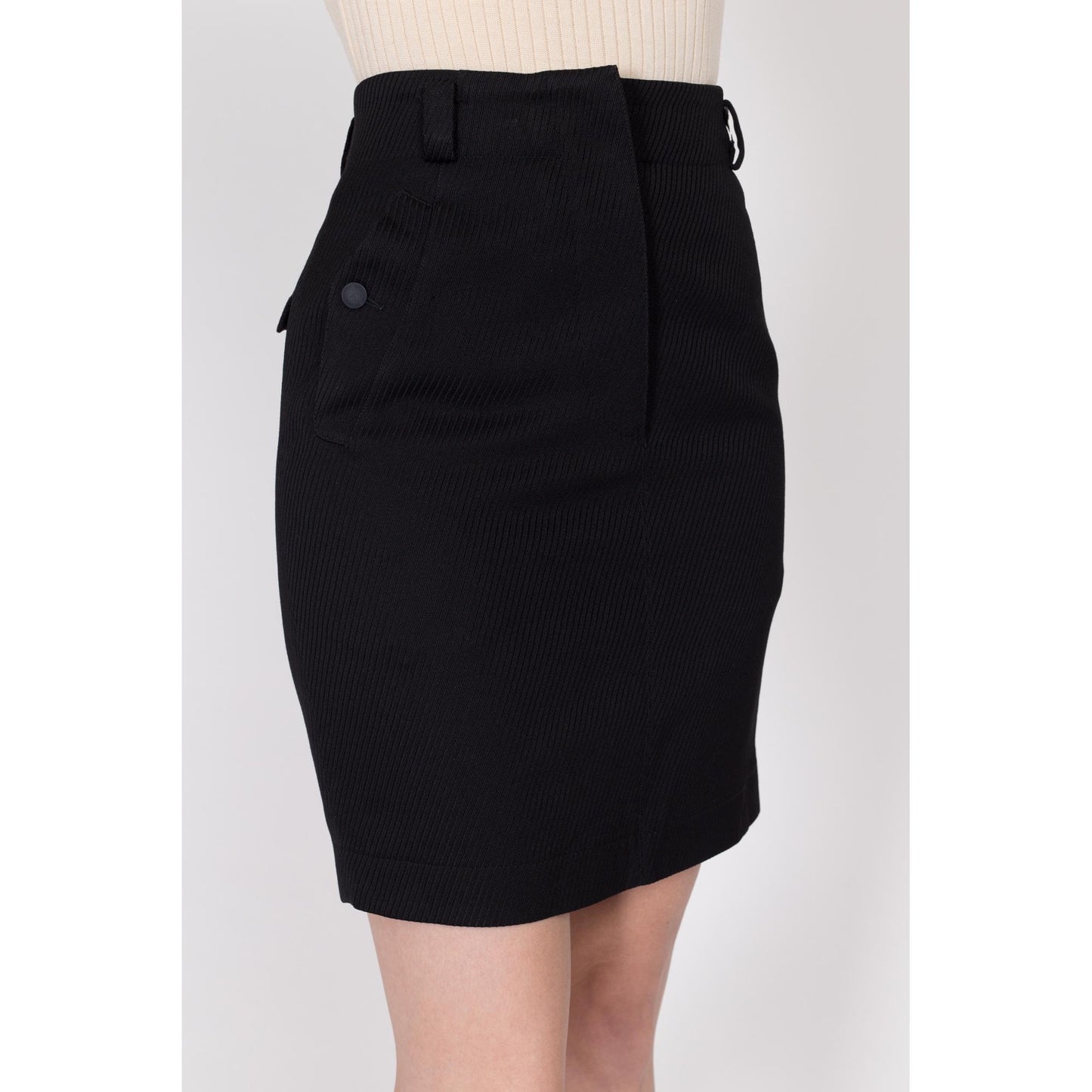 XS 90s Azzedine Alaia Paris Black Mini Pencil Skirt 24.5" | Vintage Designer High Waisted Ribbed Button Pocket Fitted Skirt