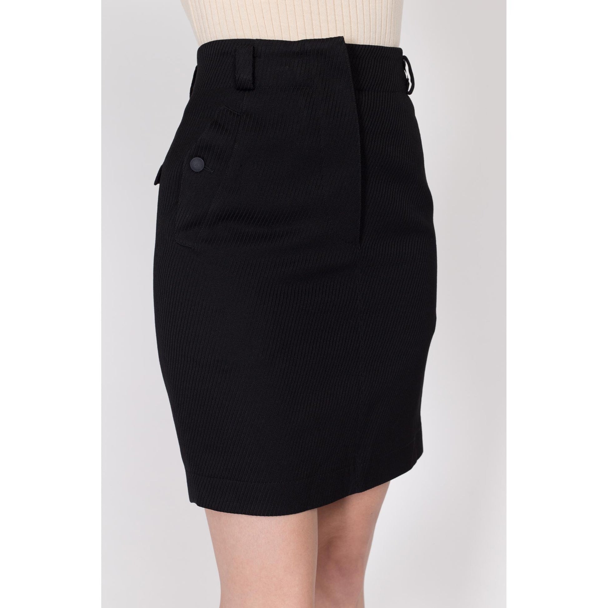 XS 90s Azzedine Alaia Paris Black Mini Pencil Skirt 24.5" | Vintage Designer High Waisted Ribbed Button Pocket Fitted Skirt
