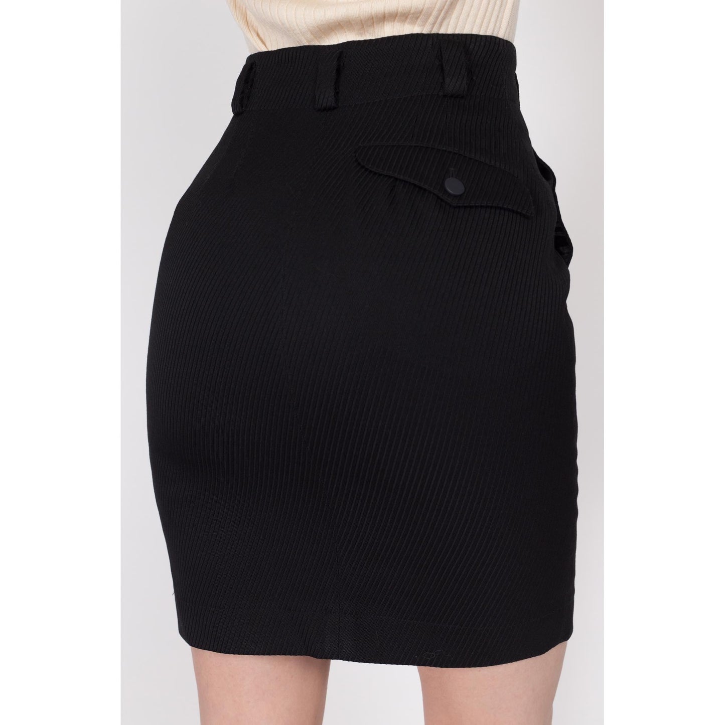 XS 90s Azzedine Alaia Paris Black Mini Pencil Skirt 24.5" | Vintage Designer High Waisted Ribbed Button Pocket Fitted Skirt