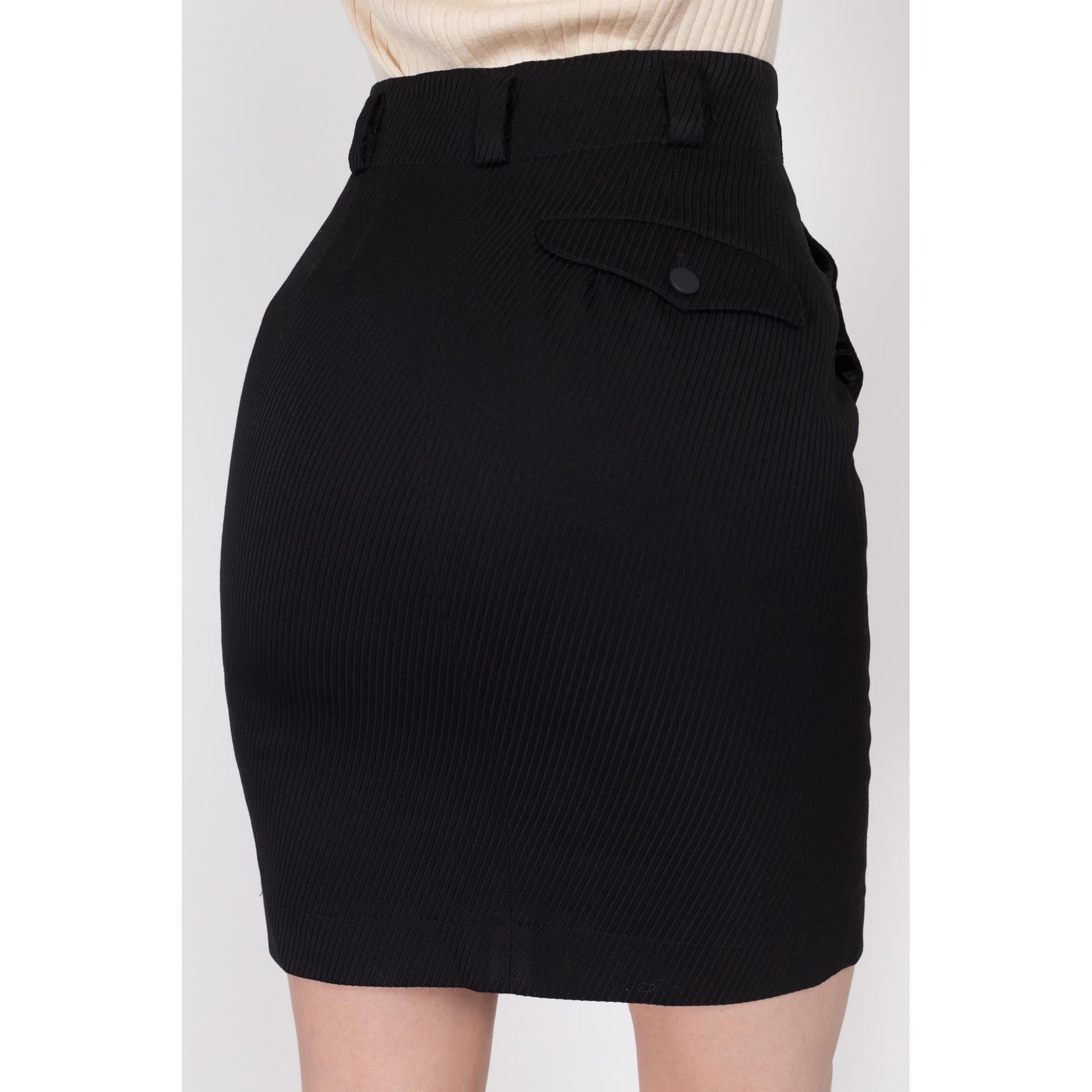 XS 90s Azzedine Alaia Paris Black Mini Pencil Skirt 24.5" | Vintage Designer High Waisted Ribbed Button Pocket Fitted Skirt