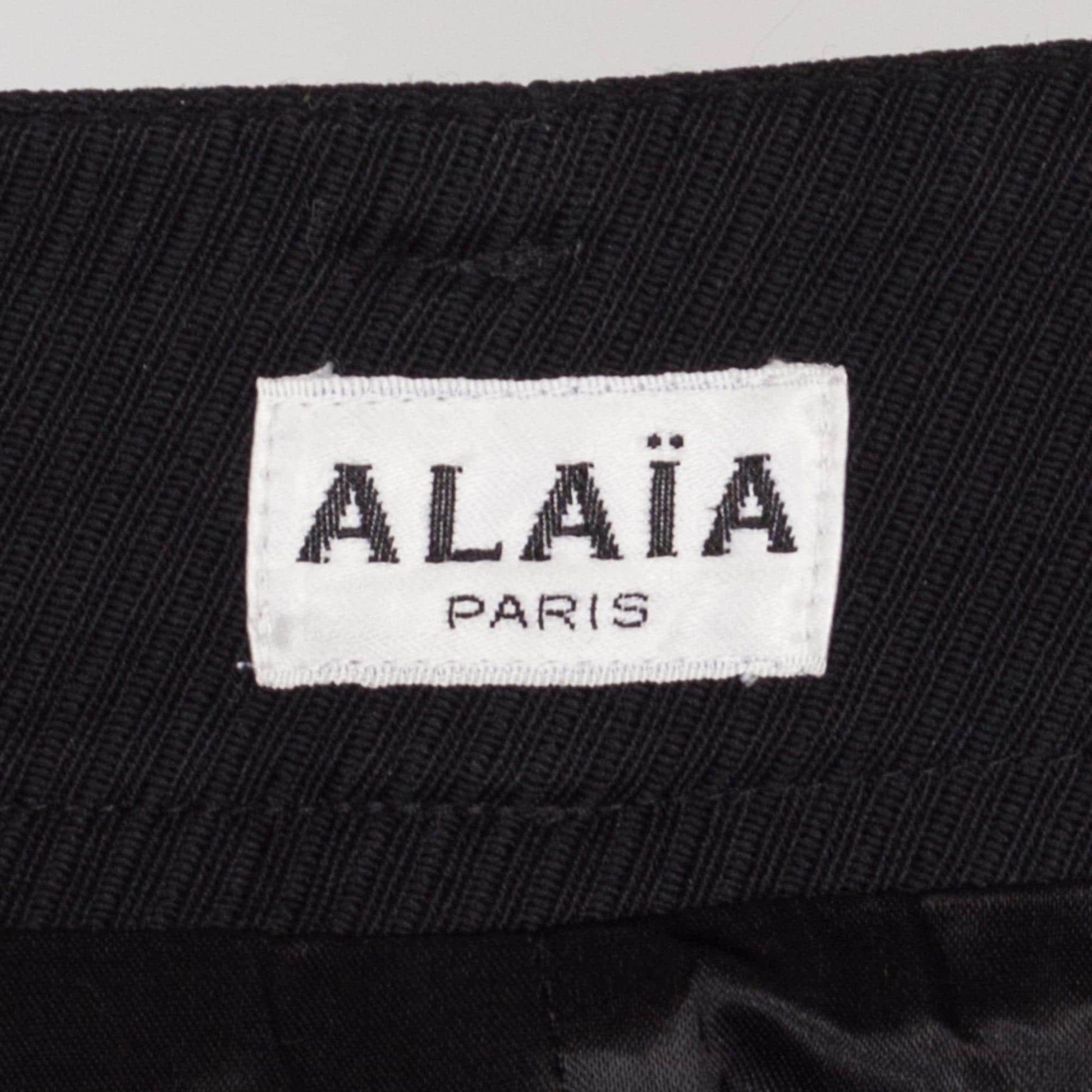 XS 90s Azzedine Alaia Paris Black Mini Pencil Skirt 24.5" | Vintage Designer High Waisted Ribbed Button Pocket Fitted Skirt