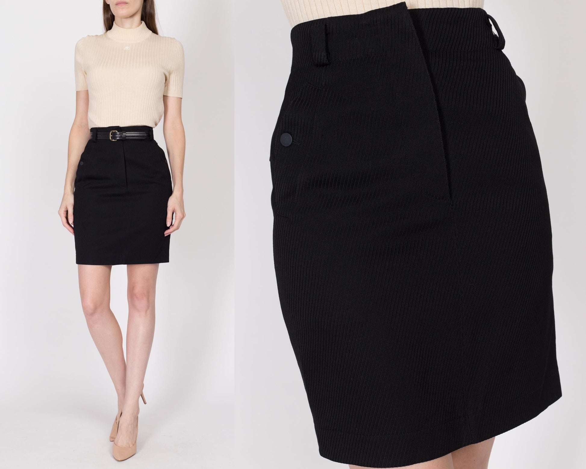 XS 90s Azzedine Alaia Paris Black Mini Pencil Skirt 24.5" | Vintage Designer High Waisted Ribbed Button Pocket Fitted Skirt