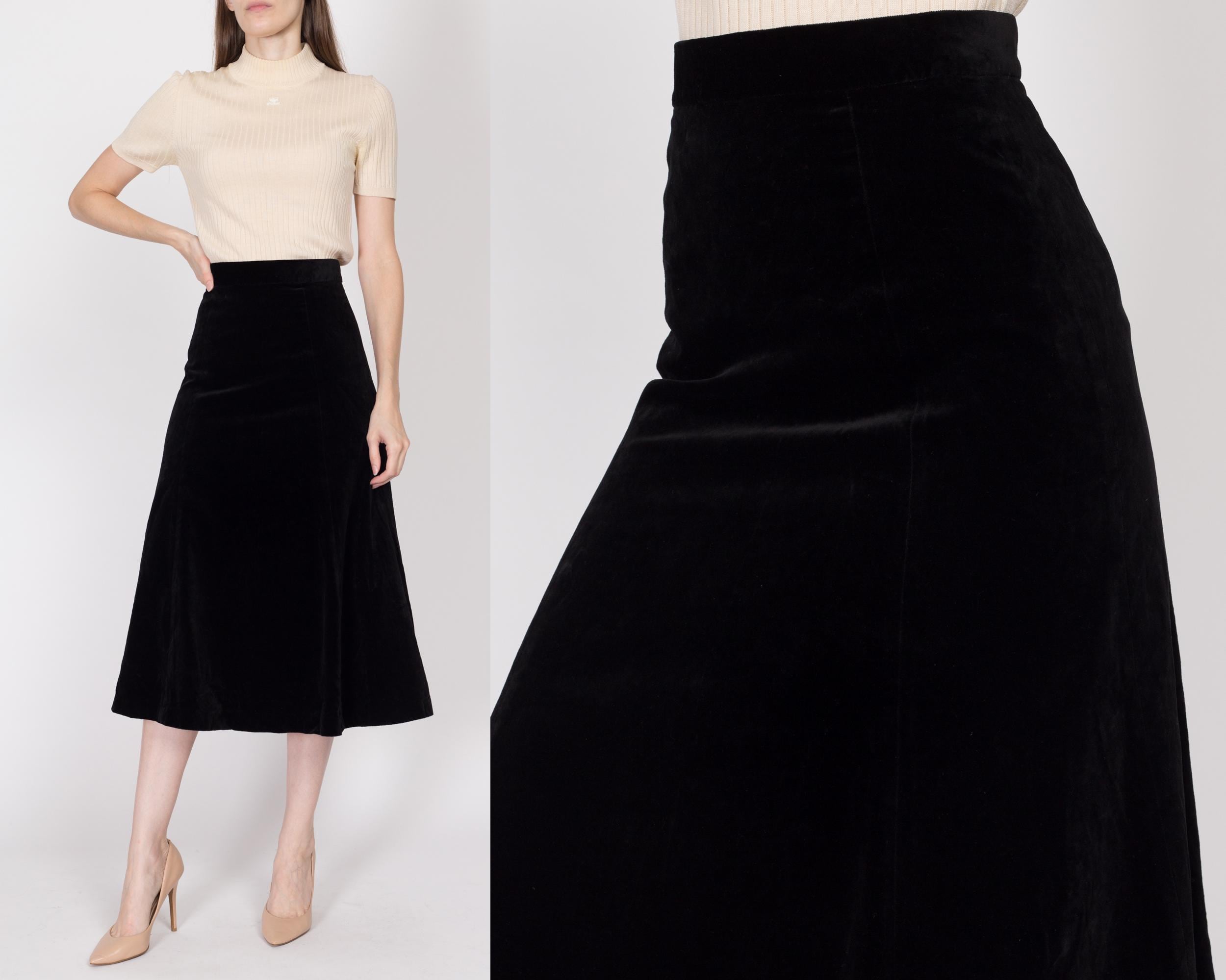 Small 70s Laura Ashley Black Velvet Midi Skirt 26 Flying Apple Vintage