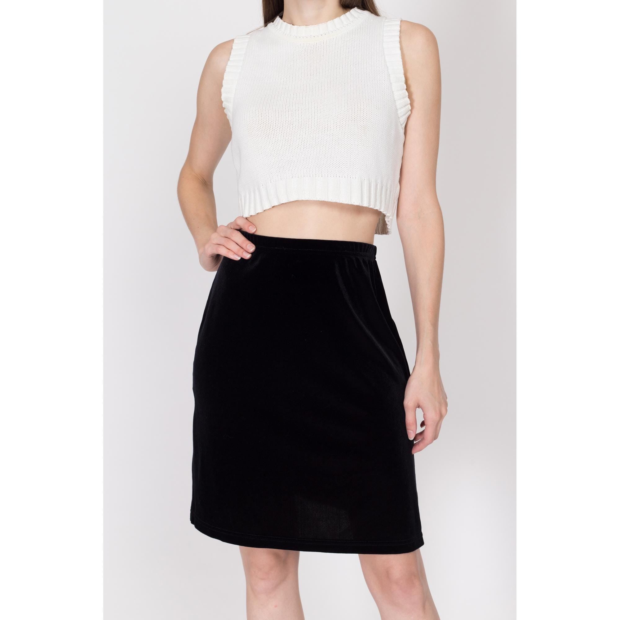 Sm Med 90s Black Velvet Side Slit Mini Skirt Flying Apple Vintage