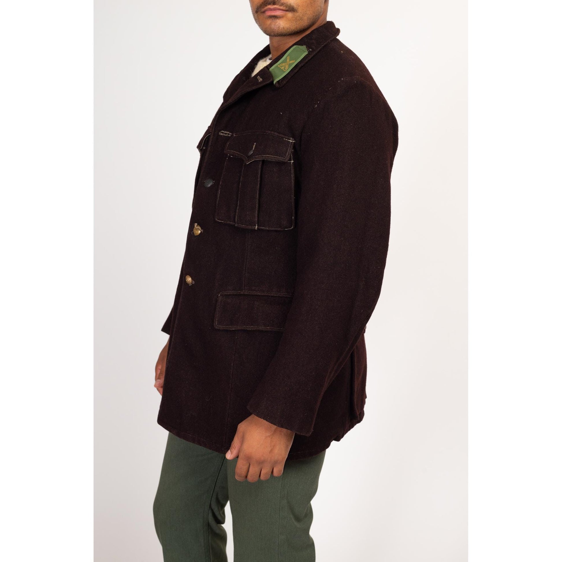 Medium 1940s WWII Swedish M39 Wool Army Jacket | Vintage 40s Sabo Stil Passform Stvrka Dark Brown Military Surplus Field Coat