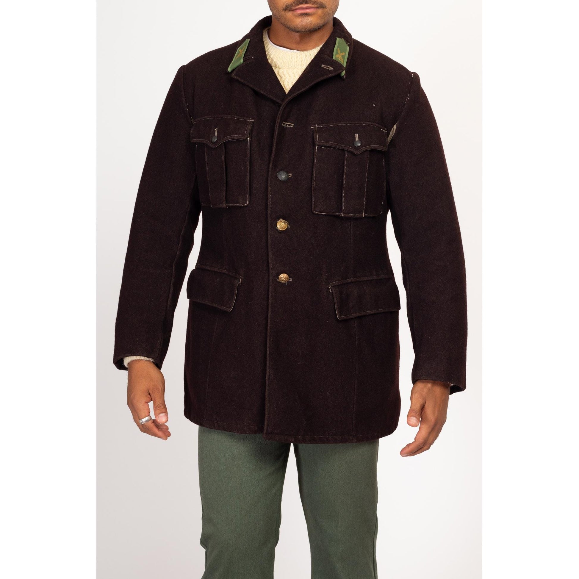 Medium 1940s WWII Swedish M39 Wool Army Jacket | Vintage 40s Sabo Stil Passform Stvrka Dark Brown Military Surplus Field Coat