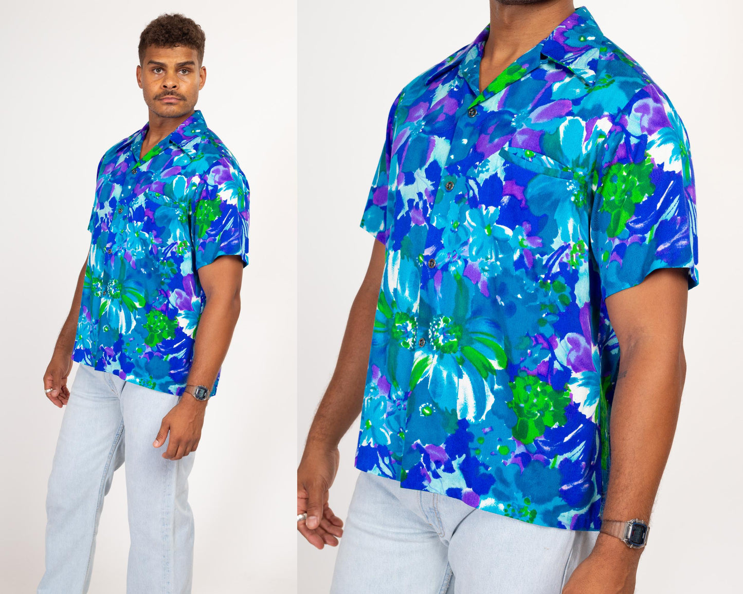 Large 70s Hawaiian Blue Floral Aloha Shirt | Vintage Button Up Tropical Print Wing Collar Top