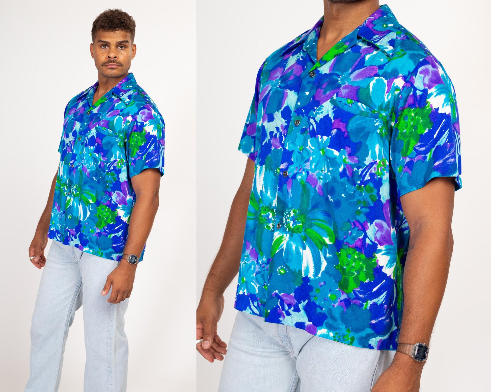 Large 70s Hawaiian Blue Floral Aloha Shirt | Vintage Button Up Tropical Print Wing Collar Top