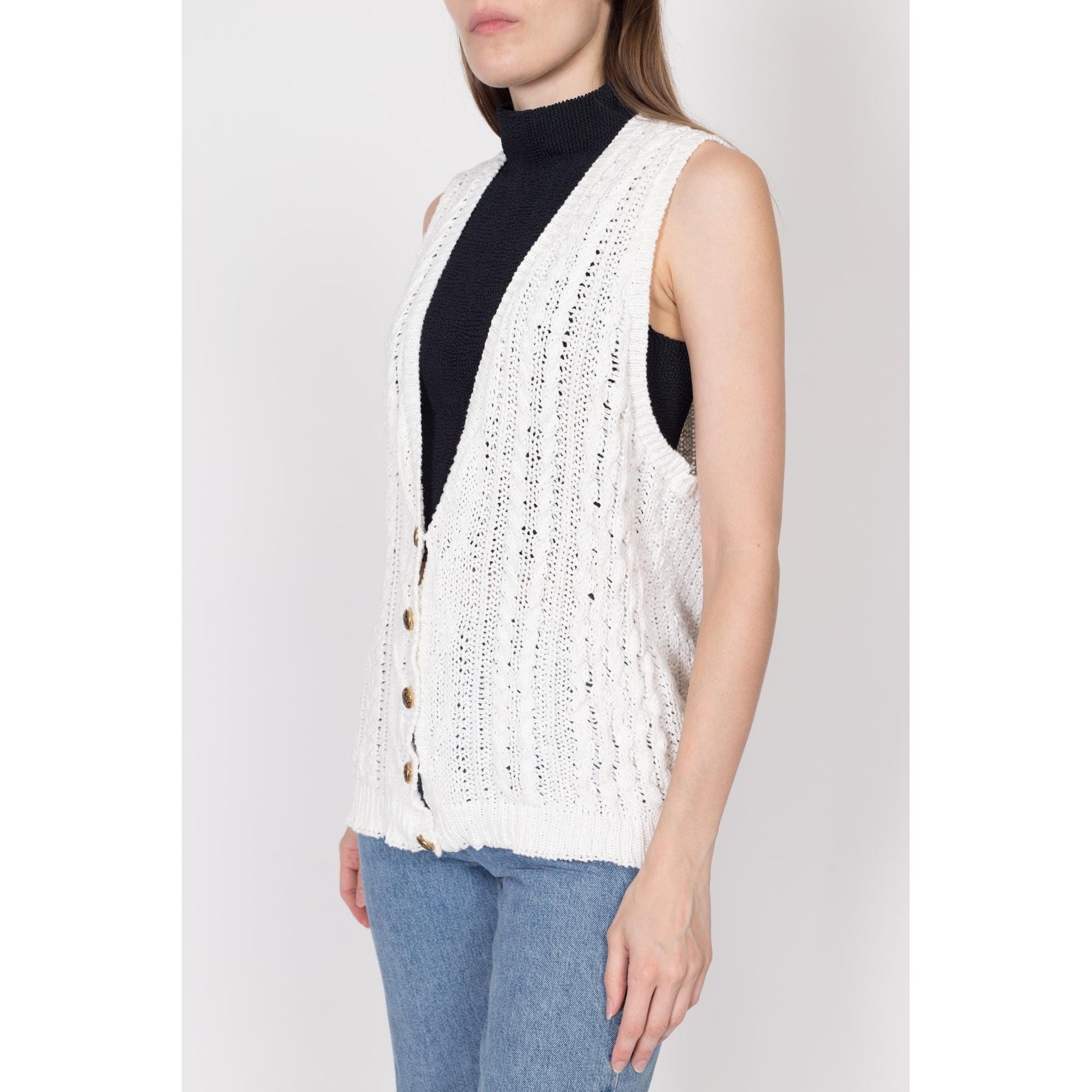Medium 80s White Cotton Cable Knit Sweater Vest | Vintage Boho Button Up Sleeveless Cardigan