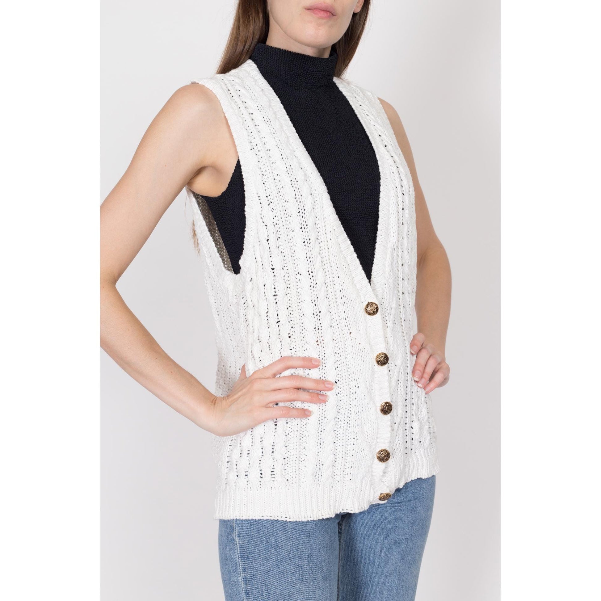 Medium 80s White Cotton Cable Knit Sweater Vest | Vintage Boho Button Up Sleeveless Cardigan