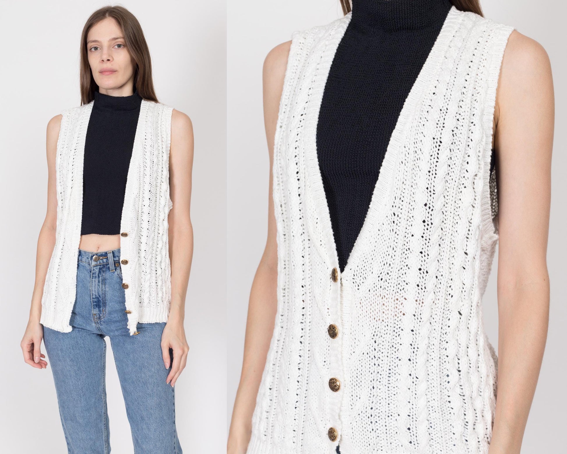Medium 80s White Cotton Cable Knit Sweater Vest | Vintage Boho Button Up Sleeveless Cardigan