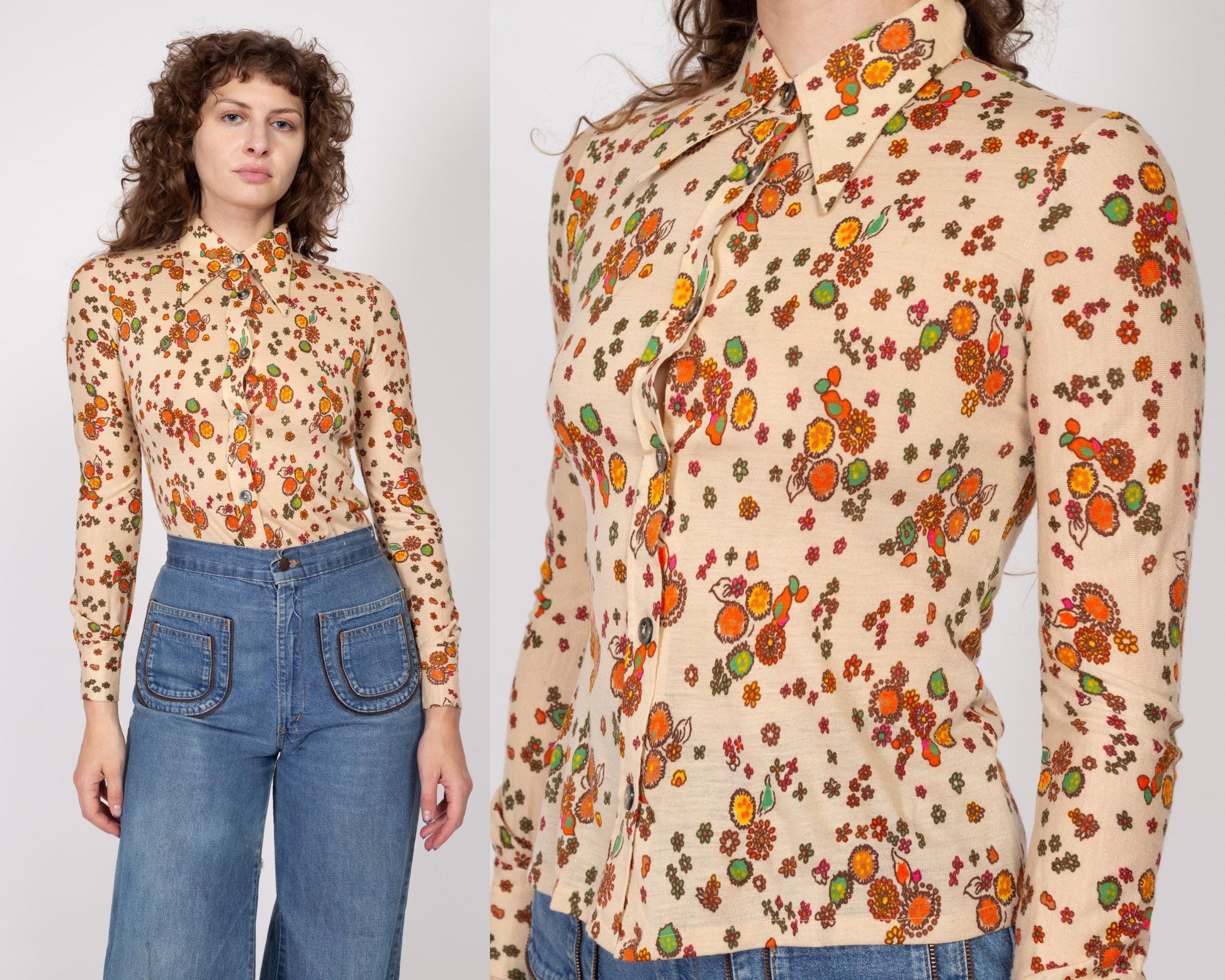XS 70s Boho Beige Floral Dagger Collar Shirt | Vintage Button Up Long Sleeve Collared Disco Top
