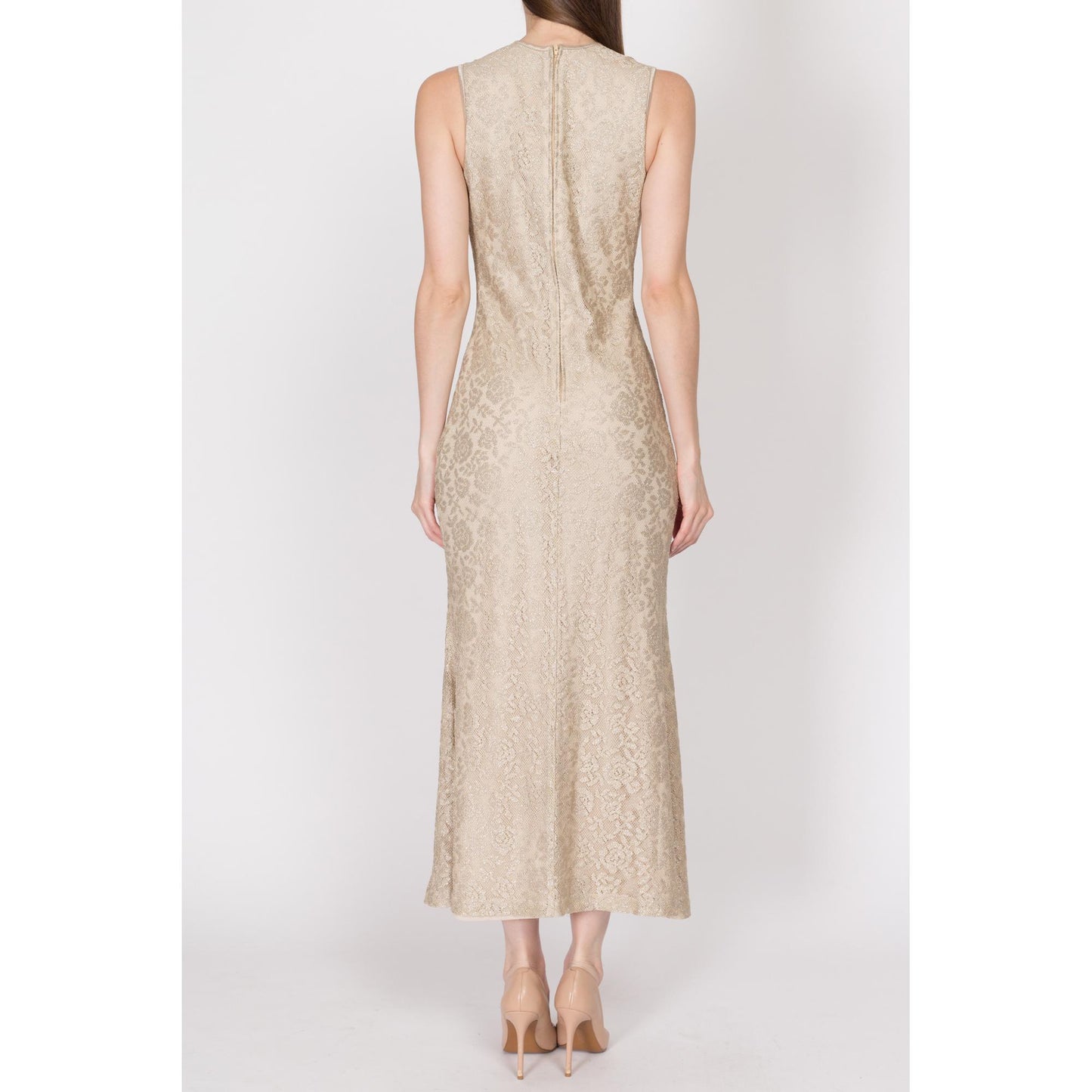 Medium 90s Champagne Metallic Trumpet Hem Maxi Dress | Vintage Rhinestone Trim Sleeveless Evening Gown