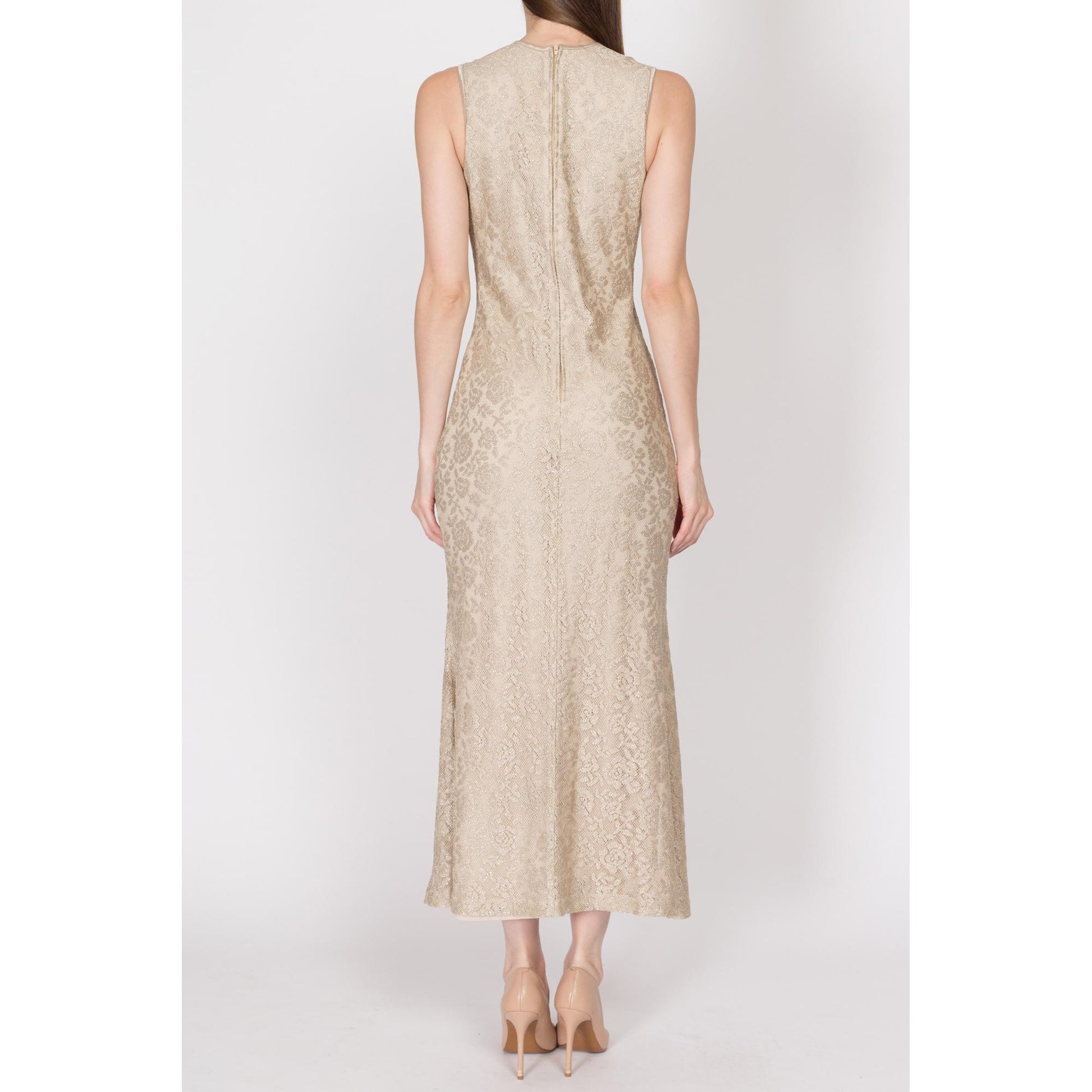 Medium 90s Champagne Metallic Trumpet Hem Maxi Dress | Vintage Rhinestone Trim Sleeveless Evening Gown