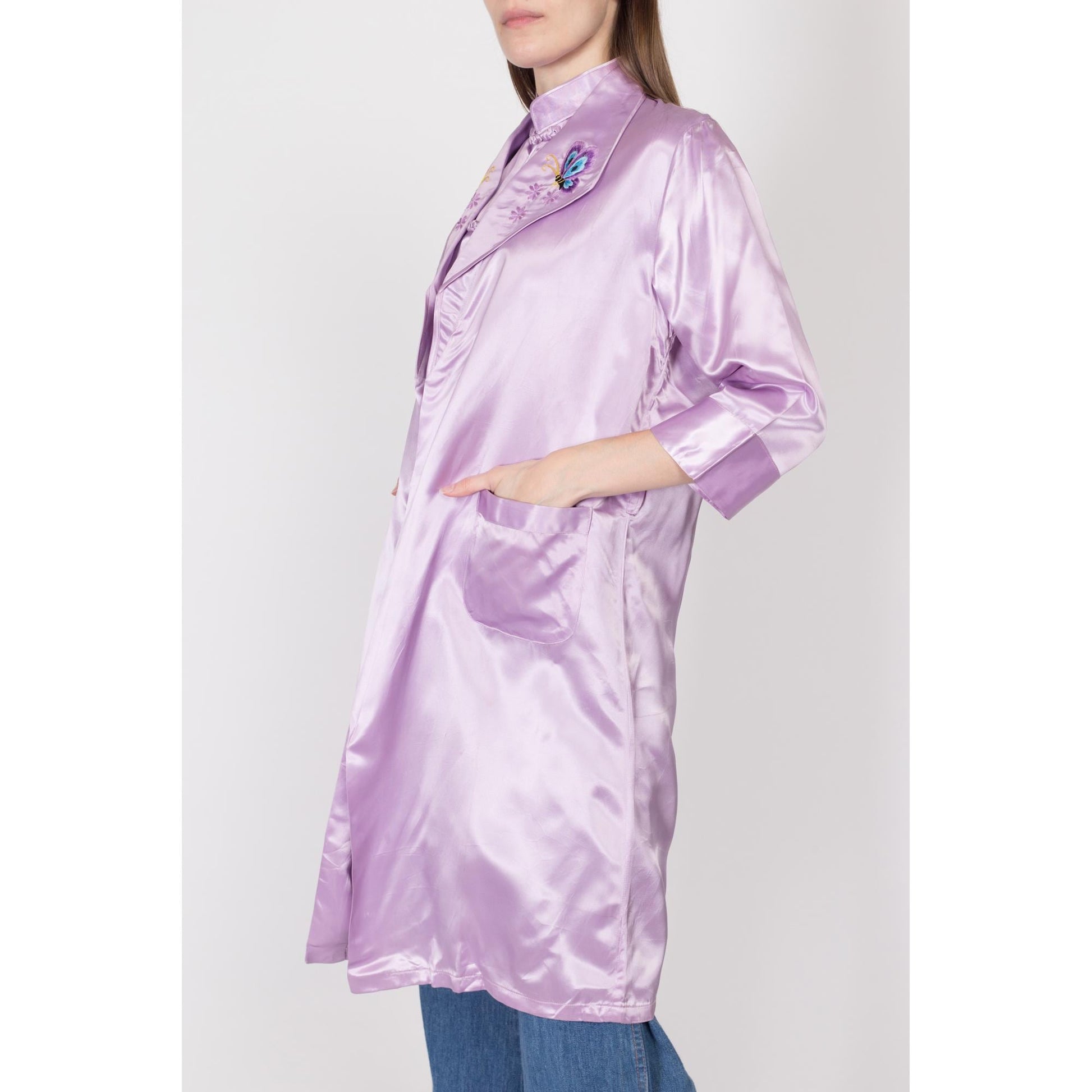 Small 80s Lilac Purple Satin Robe & Top | Vintage Embroidered Chinese Matching Loungewear Set