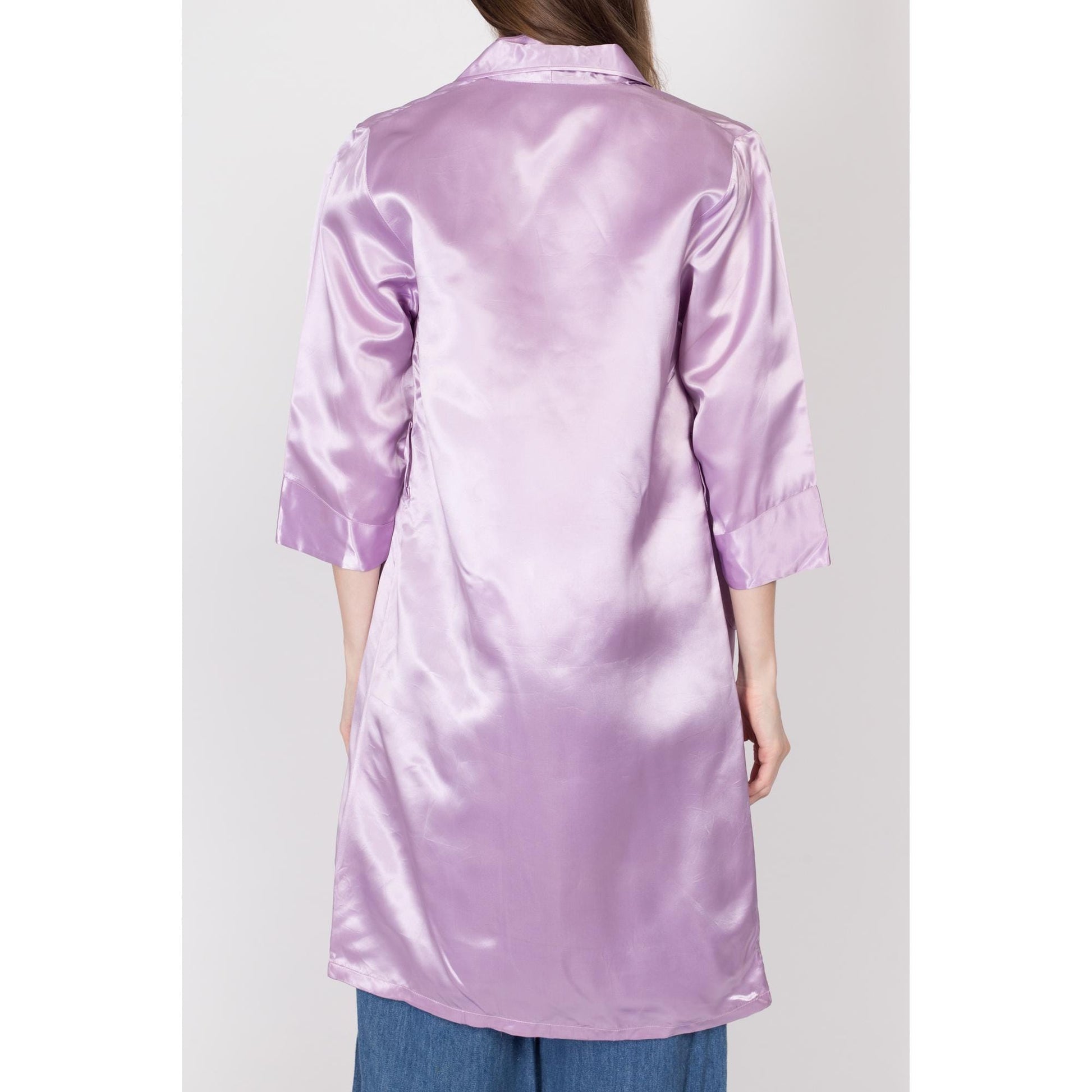 Small 80s Lilac Purple Satin Robe & Top | Vintage Embroidered Chinese Matching Loungewear Set
