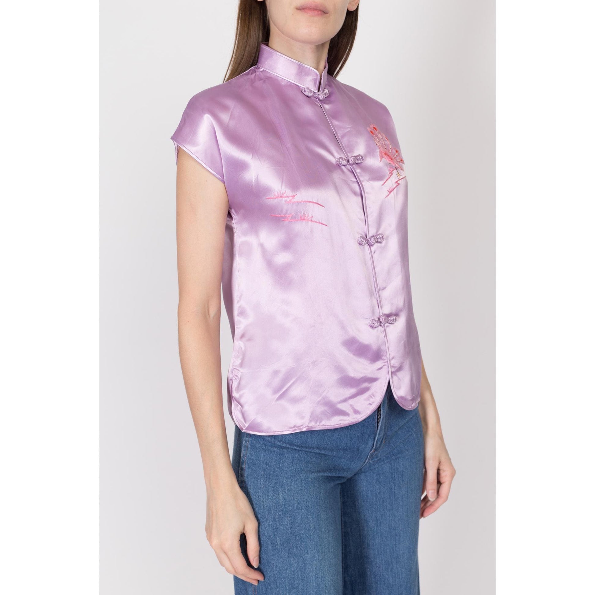 Small 80s Lilac Purple Satin Robe & Top | Vintage Embroidered Chinese Matching Loungewear Set