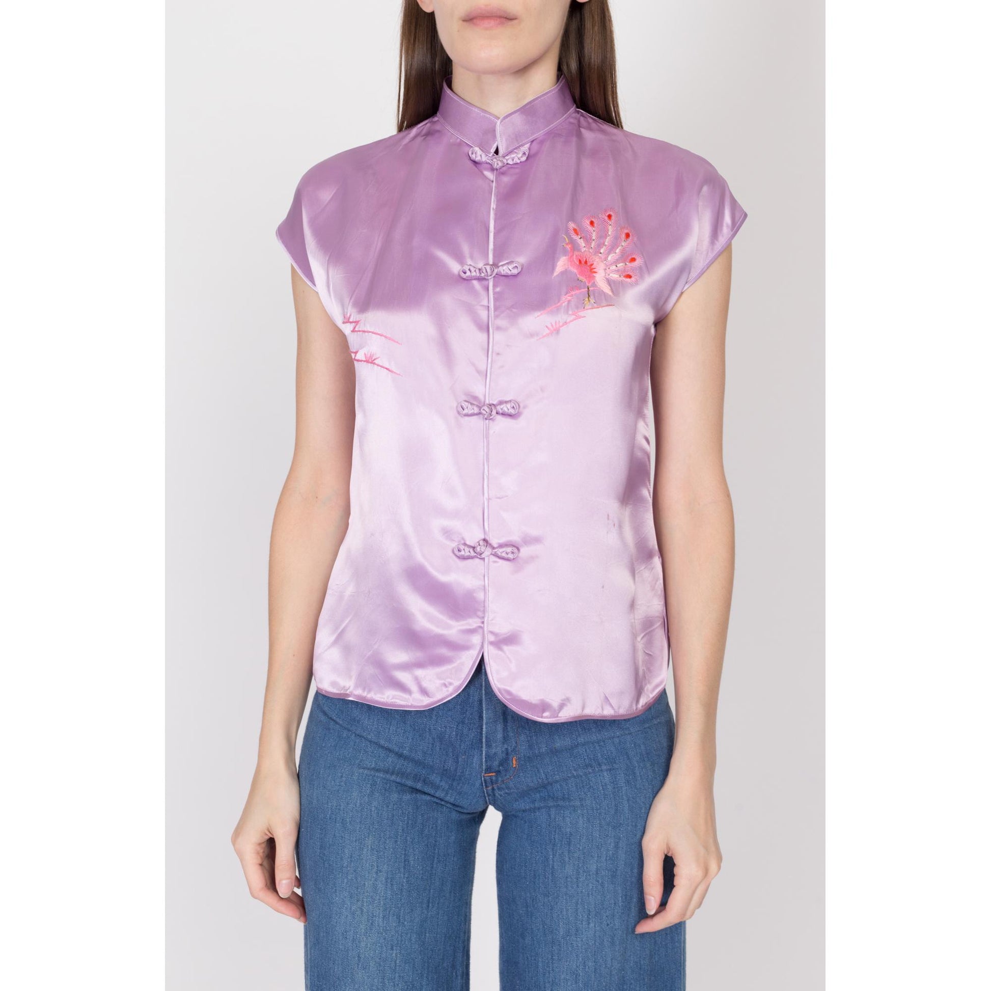 Small 80s Lilac Purple Satin Robe & Top | Vintage Embroidered Chinese Matching Loungewear Set