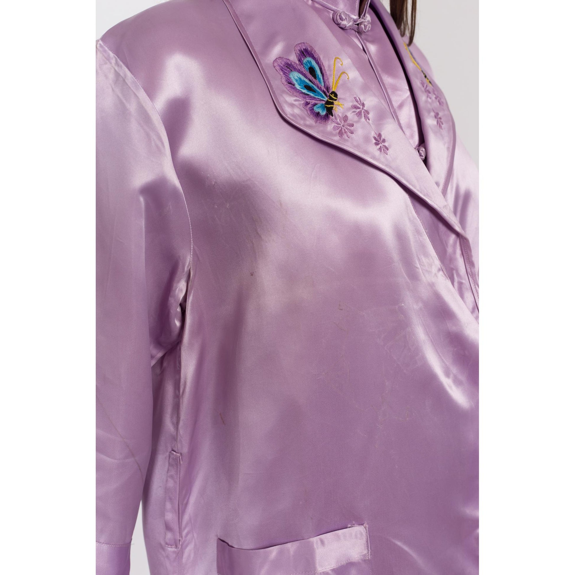 Small 80s Lilac Purple Satin Robe & Top | Vintage Embroidered Chinese Matching Loungewear Set