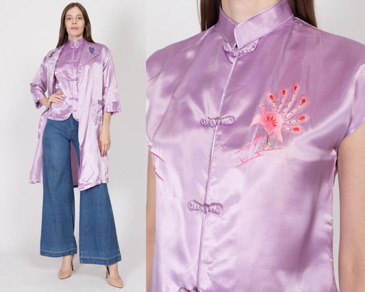 Small 80s Lilac Purple Satin Robe & Top | Vintage Embroidered Chinese Matching Loungewear Set