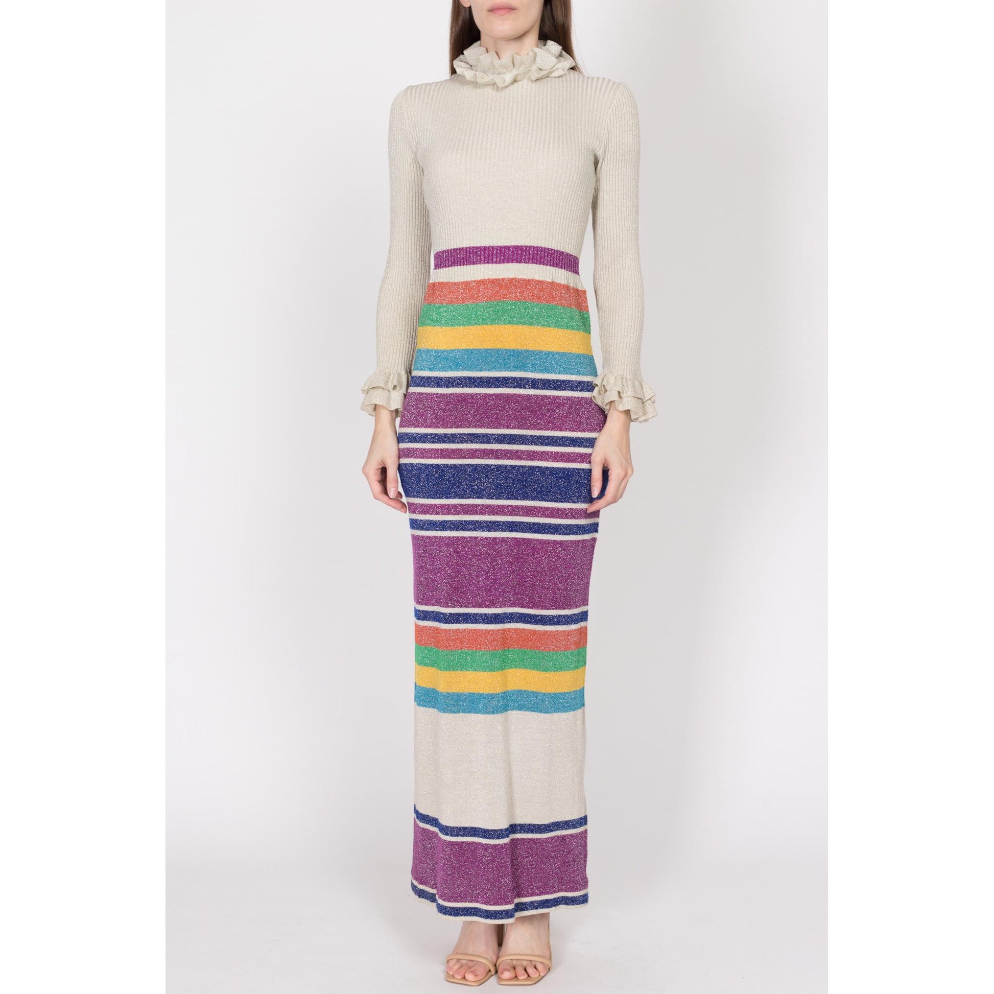 Sm-Med 70s Metallic Striped Knit Maxi Dress | Vintage Gianni Ferri Banff Lurex Long Sleeve Bodycon Ribbed Wool Disco Gown
