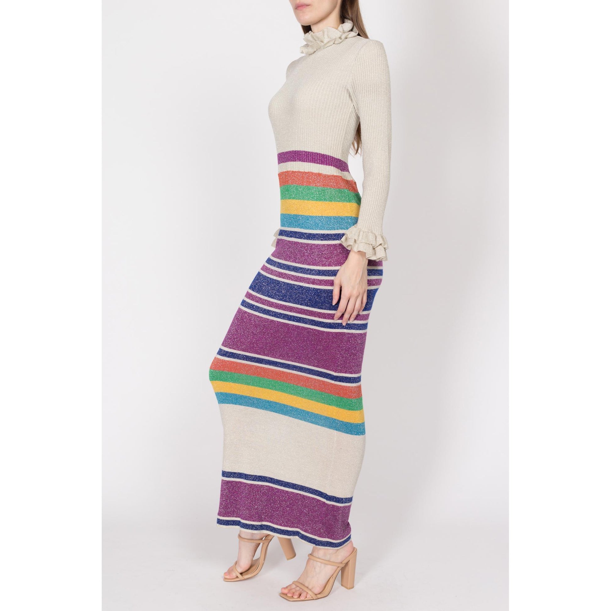 Sm-Med 70s Metallic Striped Knit Maxi Dress | Vintage Gianni Ferri Banff Lurex Long Sleeve Bodycon Ribbed Wool Disco Gown