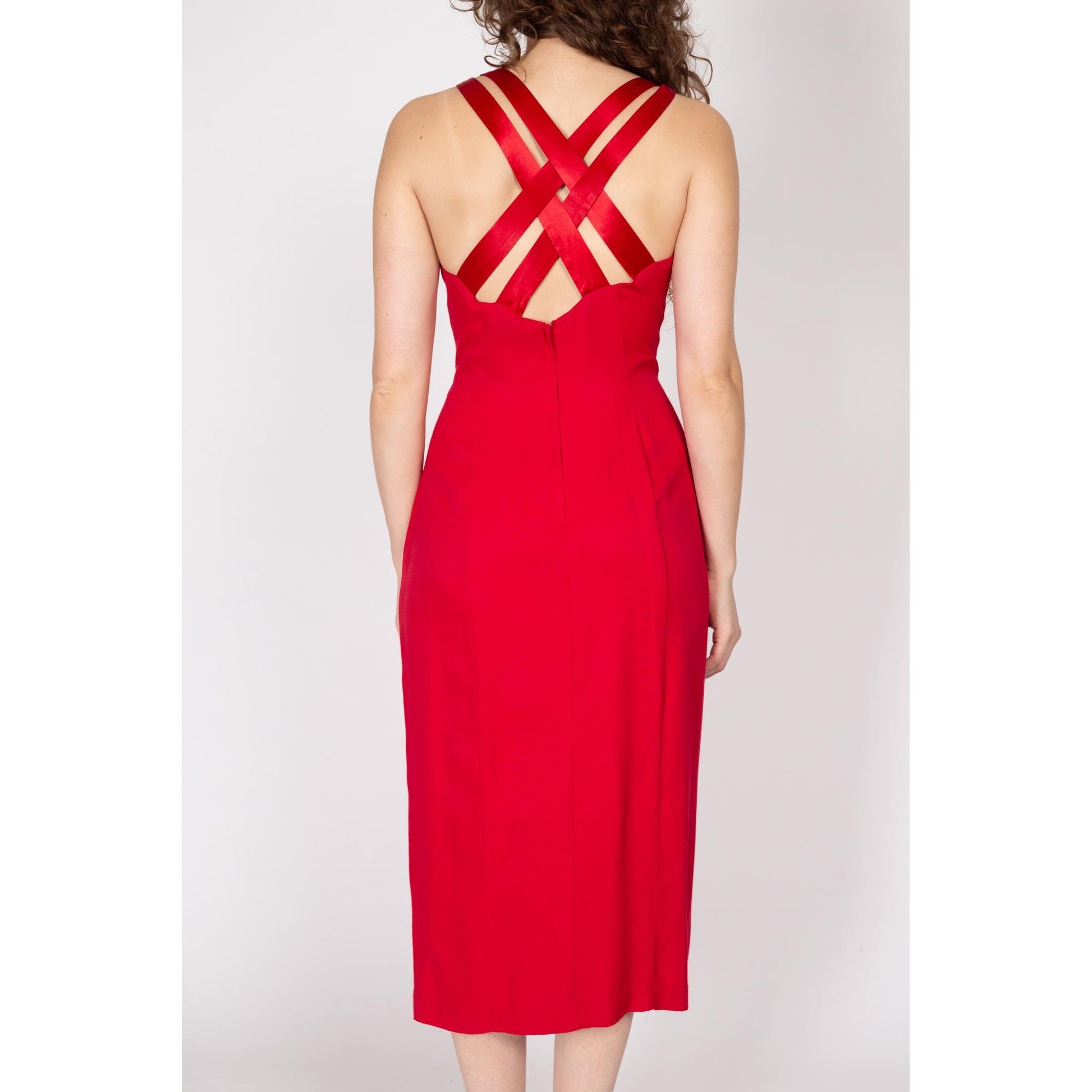 Medium 90s Red Strappy Cross Back Midi Dress Flying Apple Vintage Medium 90s Red Strappy Cross Back Midi Dress Flying Apple Vintage
