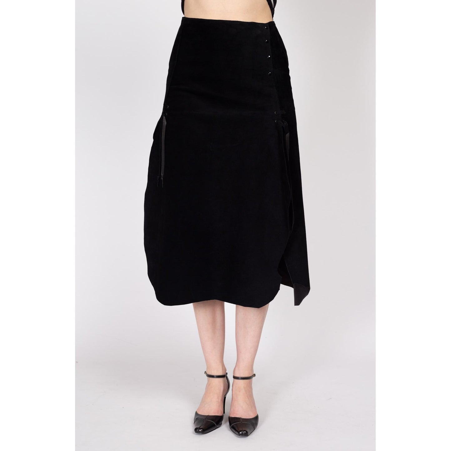 Small 90s Western Gothic Black Suede Midi Skirt | Vintage High Waisted A Line High Thigh Slit Skirt