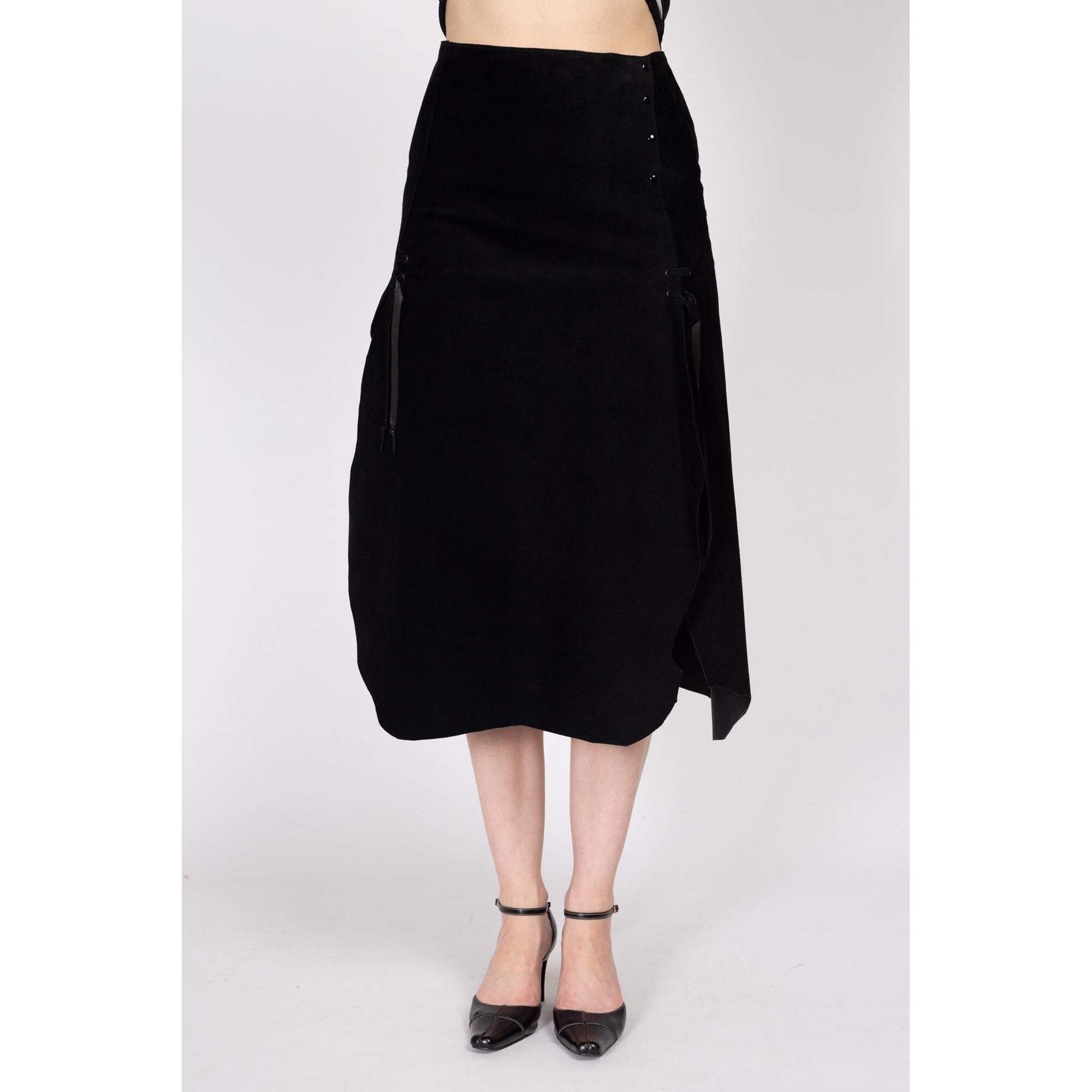 Small 90s Western Gothic Black Suede Midi Skirt | Vintage High Waisted A Line High Thigh Slit Skirt